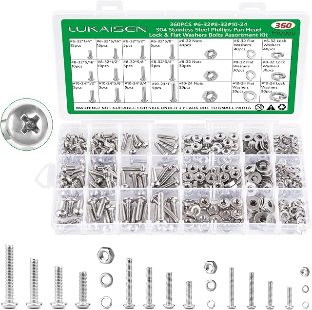 360Pcs Machine Screw Assortment Kit, 10-24#8-32#6-32# Phillips Pan Head Assorted Nuts Bolts and Flat Washers Kit, Stainless Steel Screws Hardware Assortment with Case | for Electrical Switch Boxes, Wall Socket Outlets & Faceplates, 10 Metric Sizes (M