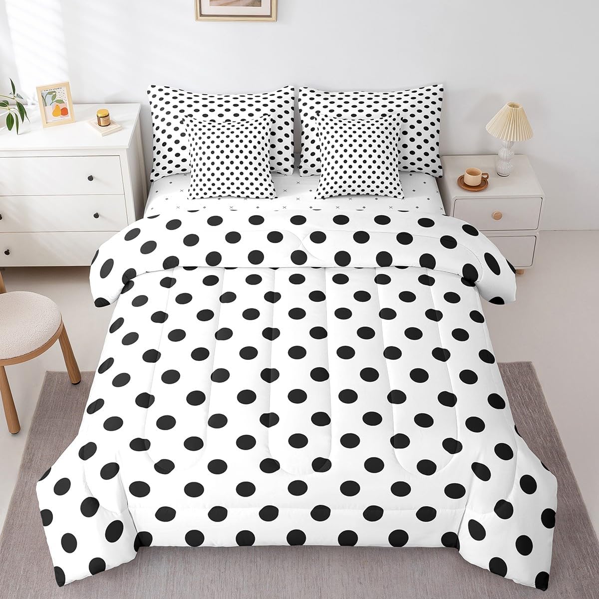 Manfei Black Polka Dots Bed Set in a Bag 7 Pcs,French Style Dots Cartoon Cute Bedding Set,Geometric Circles Black White Simple Art Comforter with Fitted,Flat Sheet,Pillowcase,Pillow Covers,Twin