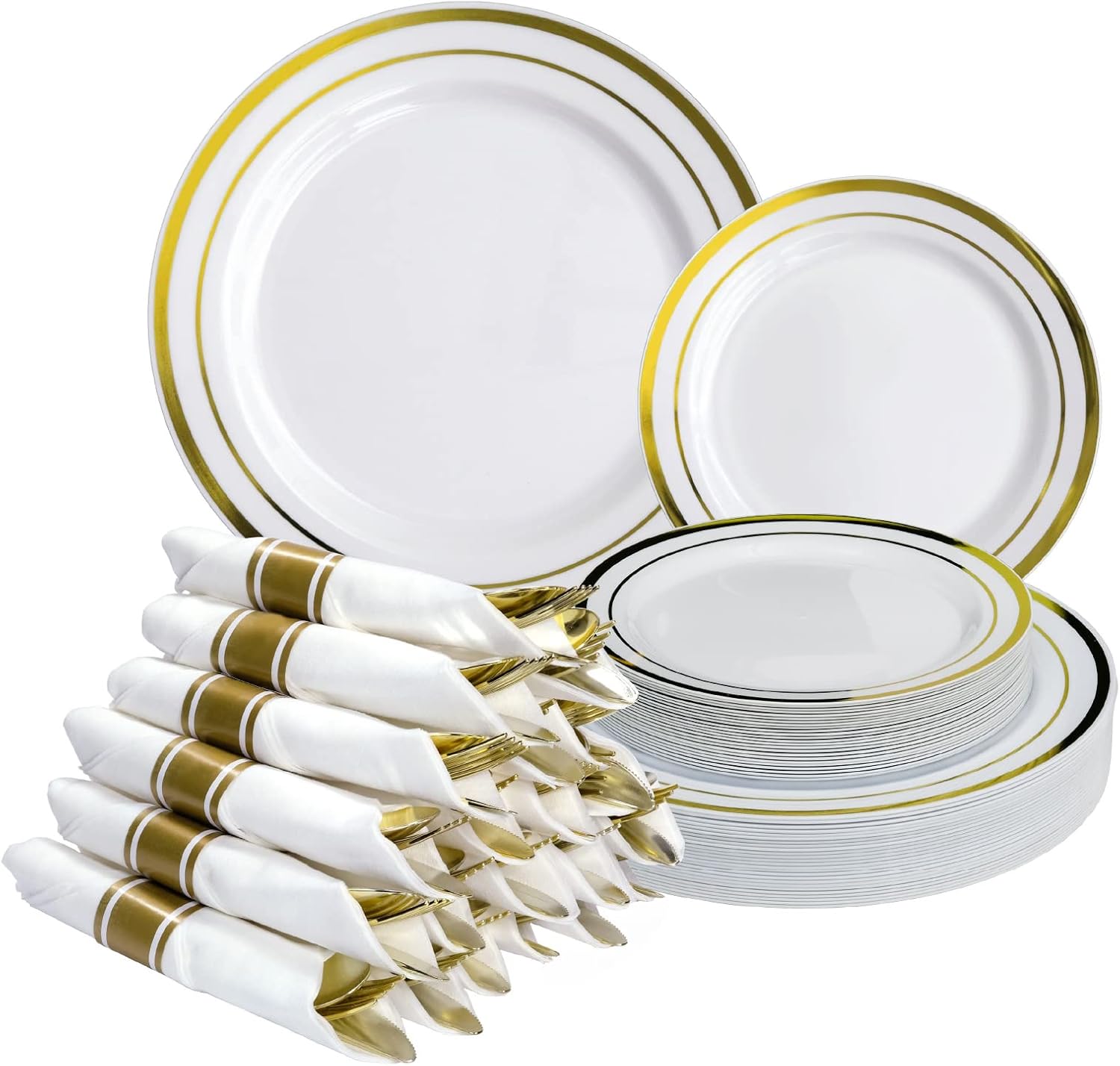 Pre Wrapped Cutlery Set- 25 sets of Fork, Knife, Spoon wrapped in a napkin - 25 Small Plates- 25 Big Plates (Gold)