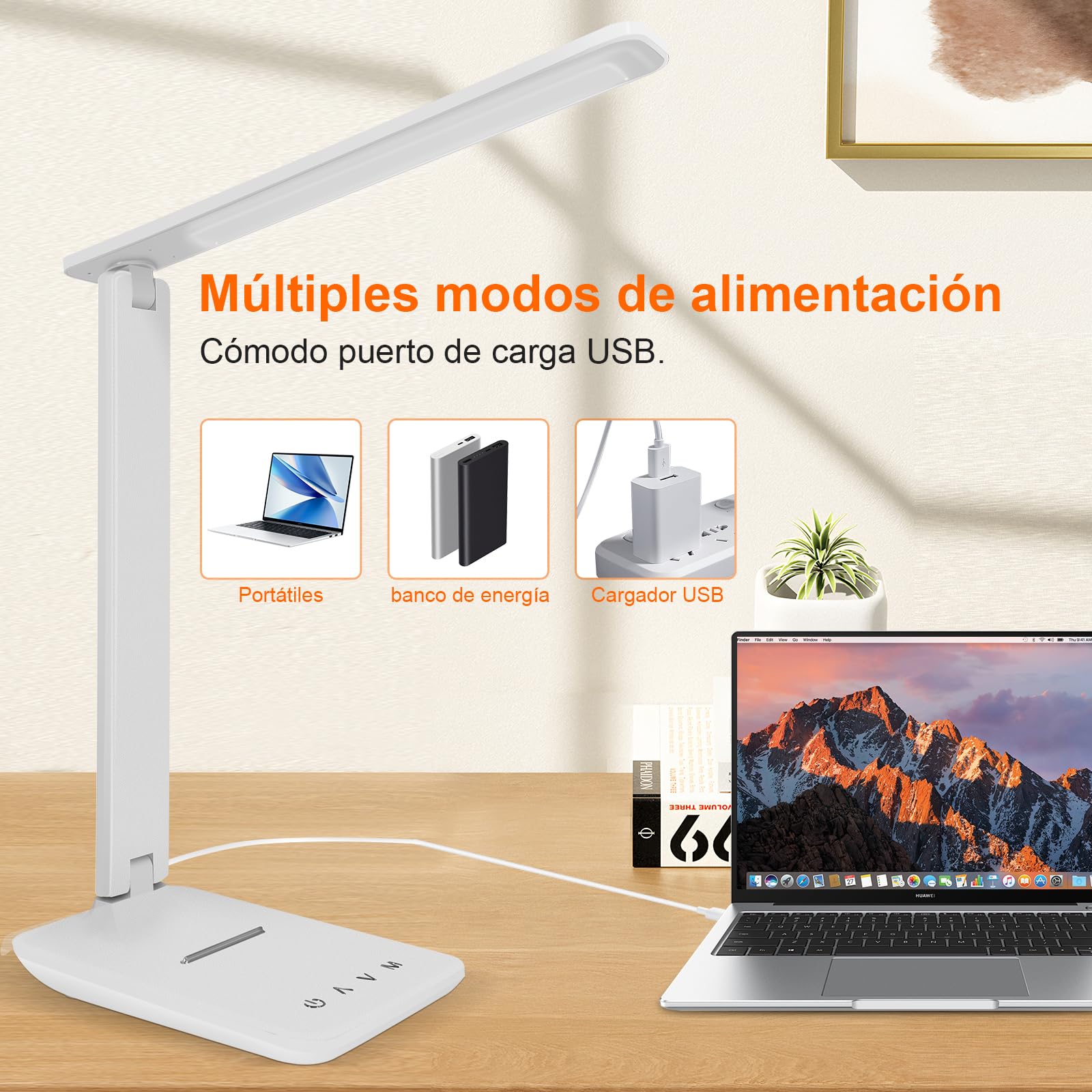lámpara Led Escritorio, Flexo de Escritorio con luz nocturna, lampara de escritorio con control táctil, Puerto de carga USB, 5 niveles de luminosidad 5 modos (blanco)