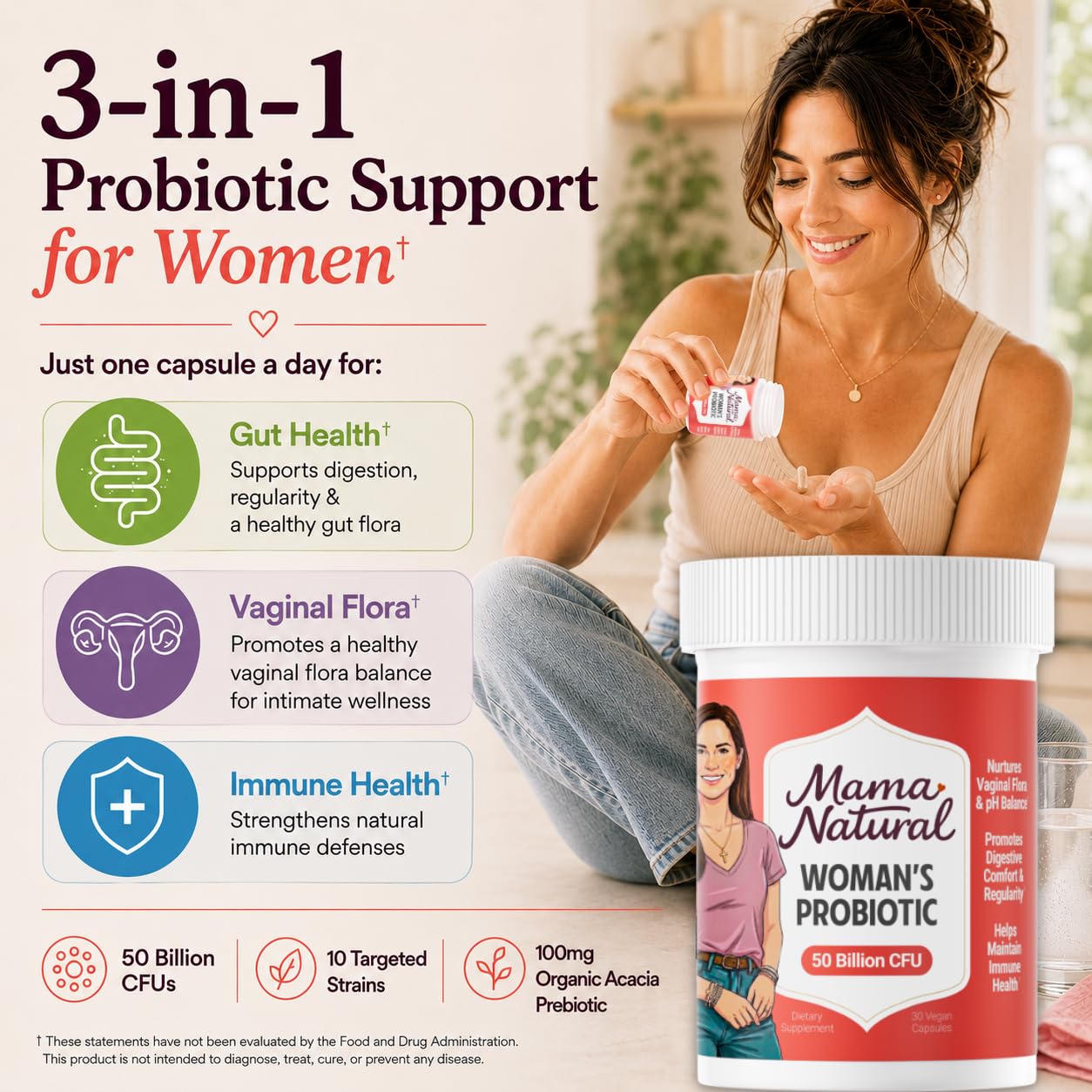 Mama Natural Womens Probiotic – Vaginal, Gut Health & Immune Support Supplement – with Organic Prebiotics (30 Count) - Lactobacillus & Bifidobacterium Probiotic - 50 Billion CFU & 10 Strains — Amazon image 2