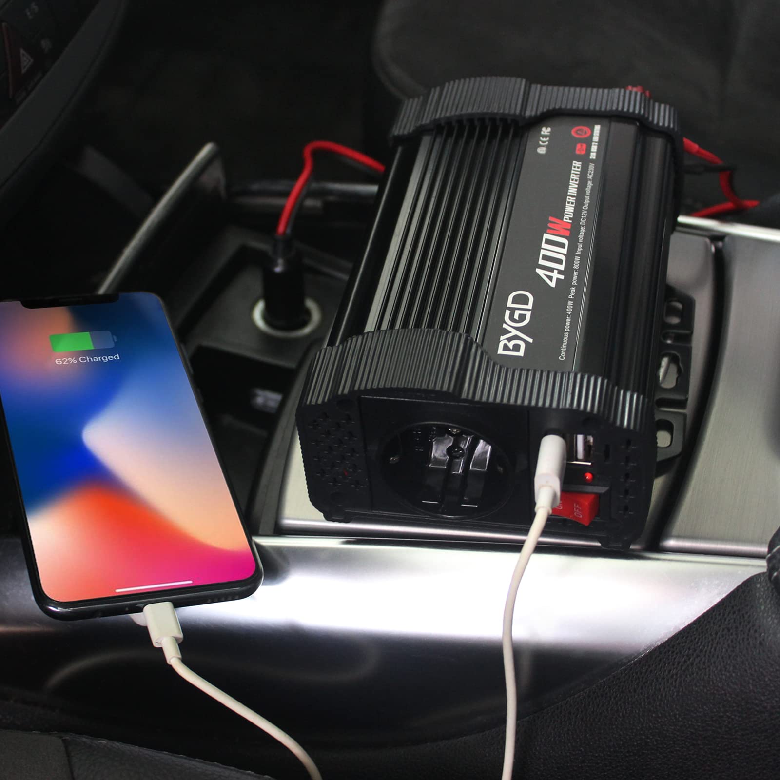 BYGD Inversor de Corriente 400W/800W 12V DC a 220V 230V AC con Adaptador de Coche y Cargador USB Dual 3.1A para Phone, Tableta, Cámping