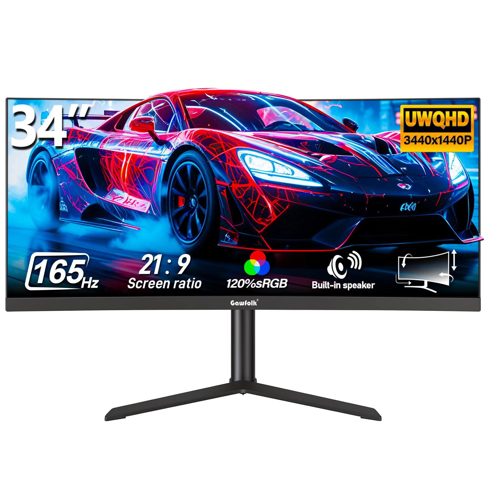 Gawfolk 34 Zoll Ultrawide Curved Gaming Monitor 165Hz, 3800R UWQHD PC Bildschirm mit Lautsprecher, Gebogenes Computerbildschirm mit Höhenverstellbarer und Pip/PBP, DP, HDMI, VESA 100 * 100MM