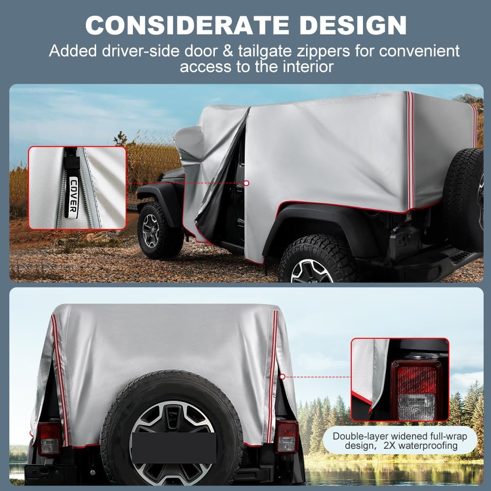 JDMON Waterproof Cab Cover Compatible with 1987-2023 Jeep Wrangler CJ YJ TJ JK JL JKU JLU,Windproof Strap and Driver Door and Tailgate Zipper Design Snow Rain Sun Weather Protection Car Cover (4 Door)