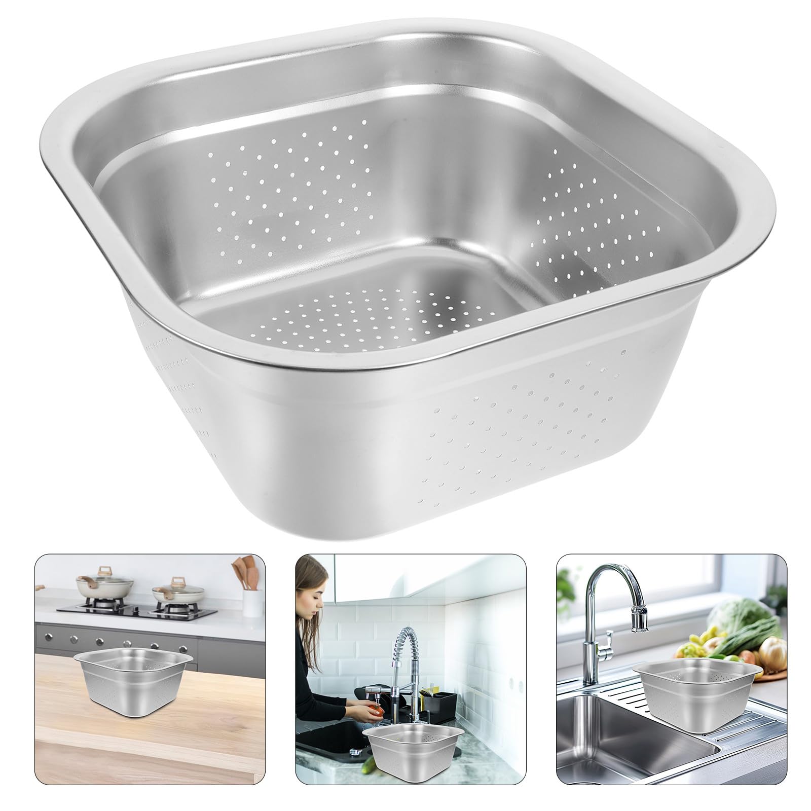 Colador de Acero Inoxidable Malla Fina y Gran Capacidad para Escurrir Verduras y Frutas en Cocina, Lavabo Cuadrado de 30 CM para Uso Doméstico y Profesional