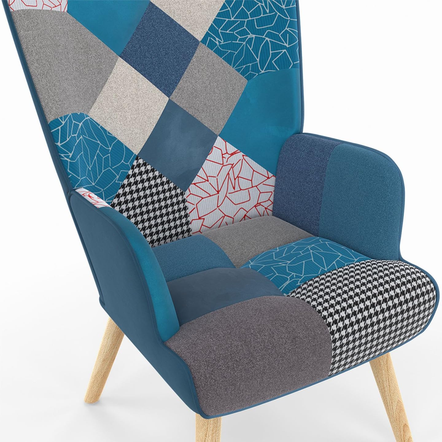 IDMarket Ivar - Sillón escandinavo con reposamuñecas en tejido Patchwork y terciopelo azul