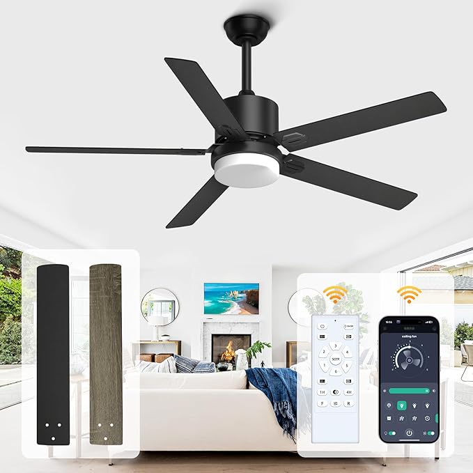 Black Ceiling Fans with Lights - Outdoor Ceiling Fan with Remote/APP Control, 52 Inch Modern Ceiling Fan for Patio, Bedroom Living Room