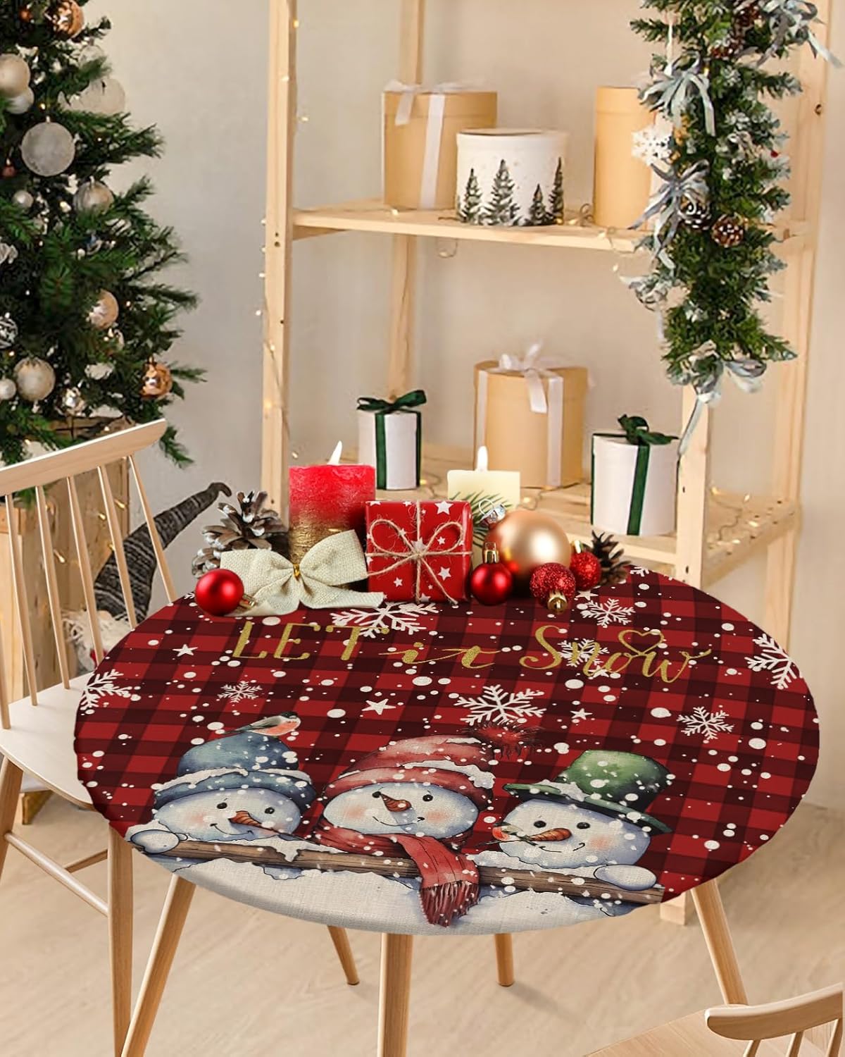 Christmas Cute Snowman Round Fitted Tablecloth with Elastic Edged for Indoor