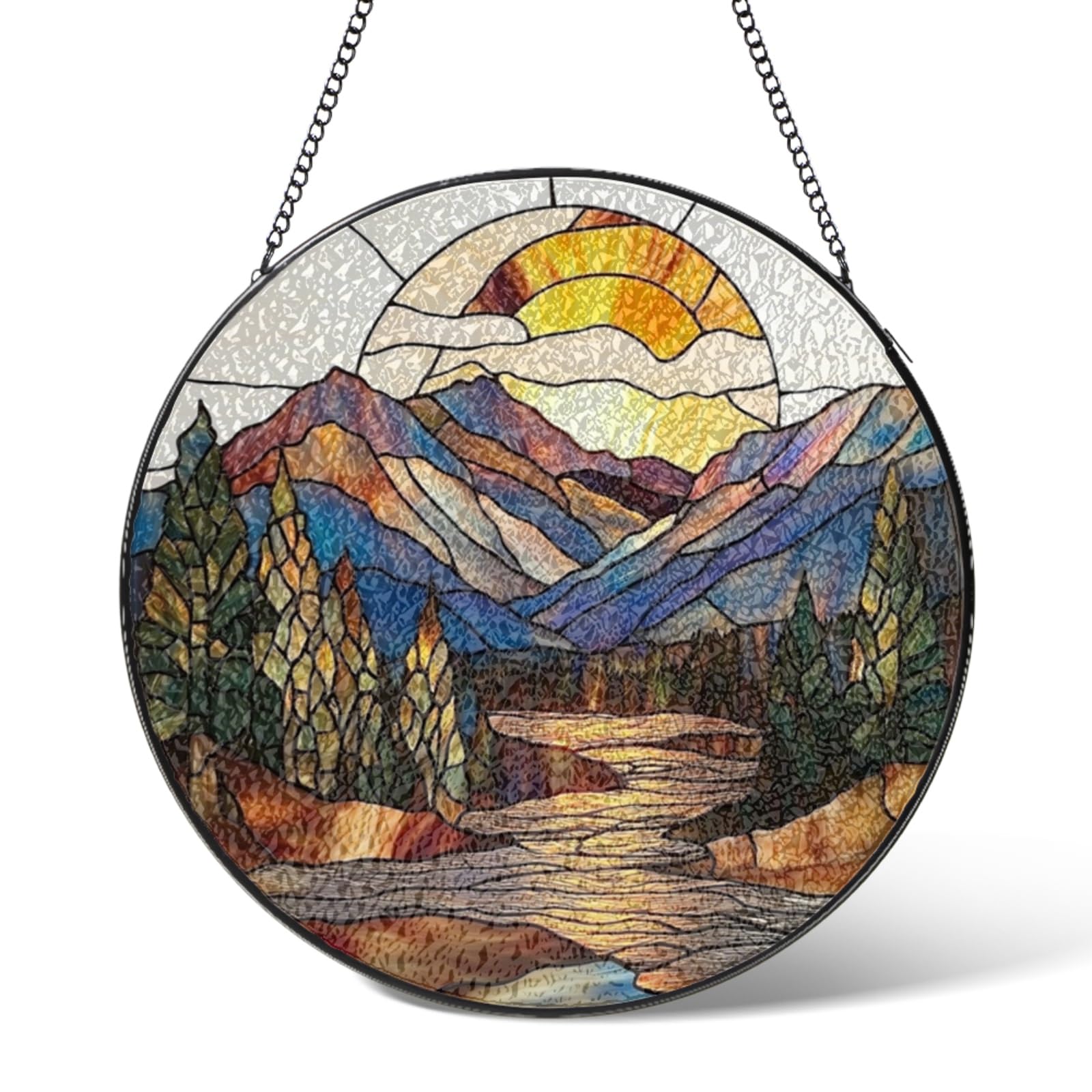 Mountain Stained Glass Window Hanging Suncatchers,Sunset Lake Pattern Suncatcher Garden Decor Birthday Gifts,Sun Catchers Home Decoration for Kitchen Patio Windows,Christmas 30 cm