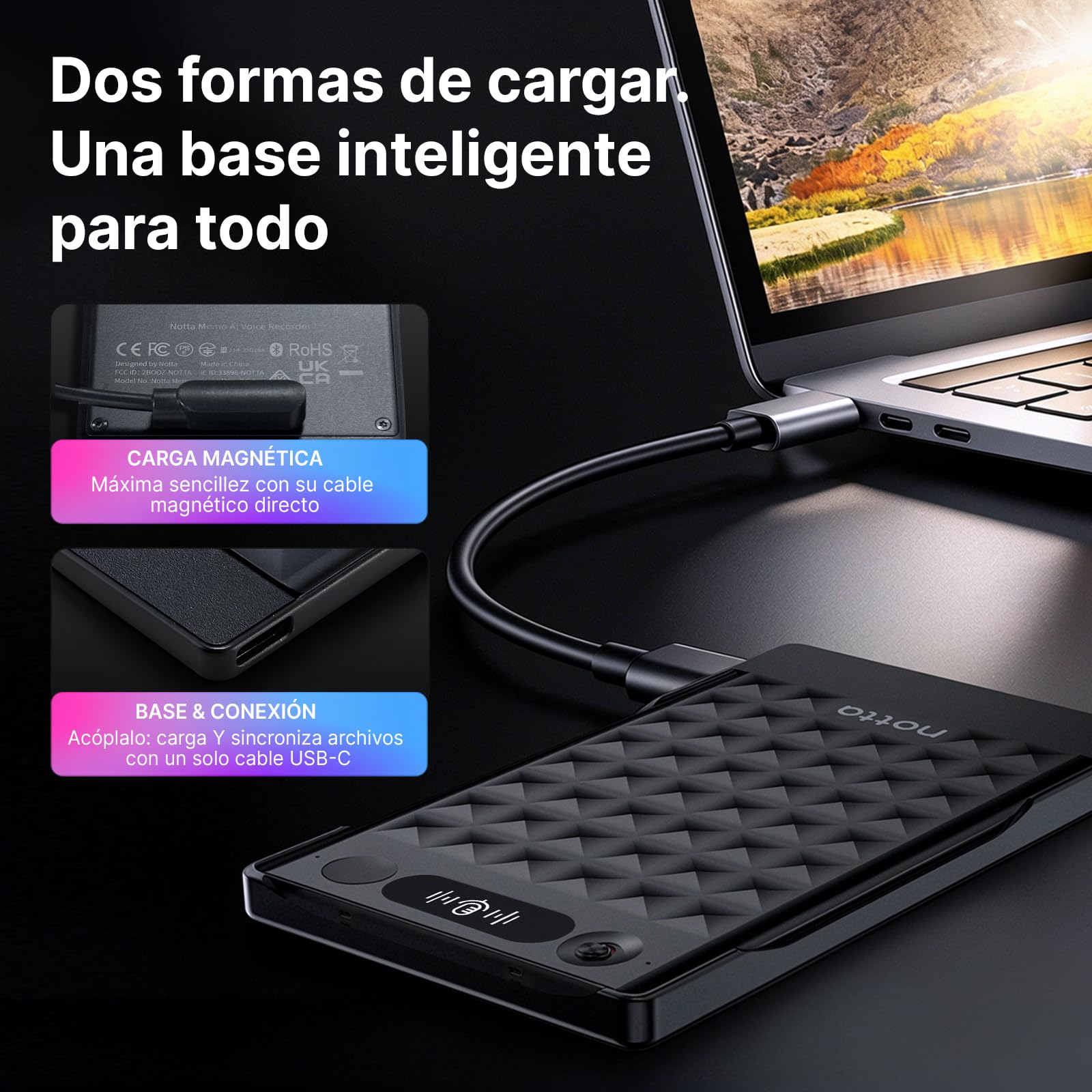 Grabadora de Voz AI Notta Memo(Negro) con Memo MagBridge, Transcripción & Resumen AI 58 Idiomas, Memoria 2000h, para Llamadas/Reuniones/Clases