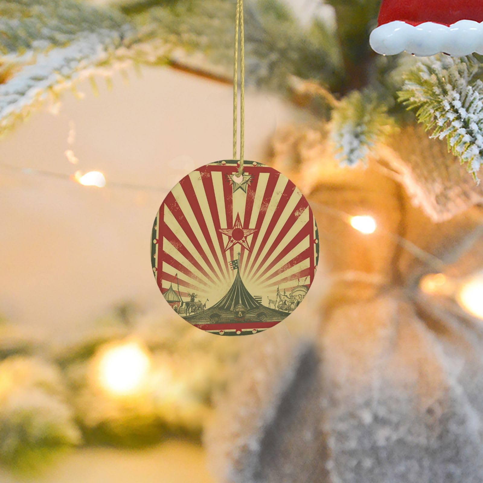 Christmas Ornaments for Christmas Tree Decoration Ceramic Hanging Vintage Circus Background Ornament with Gold Ribbon Crafts Round Pendant for Keepsake Gifts Glass Xmas Decor Party Supplies