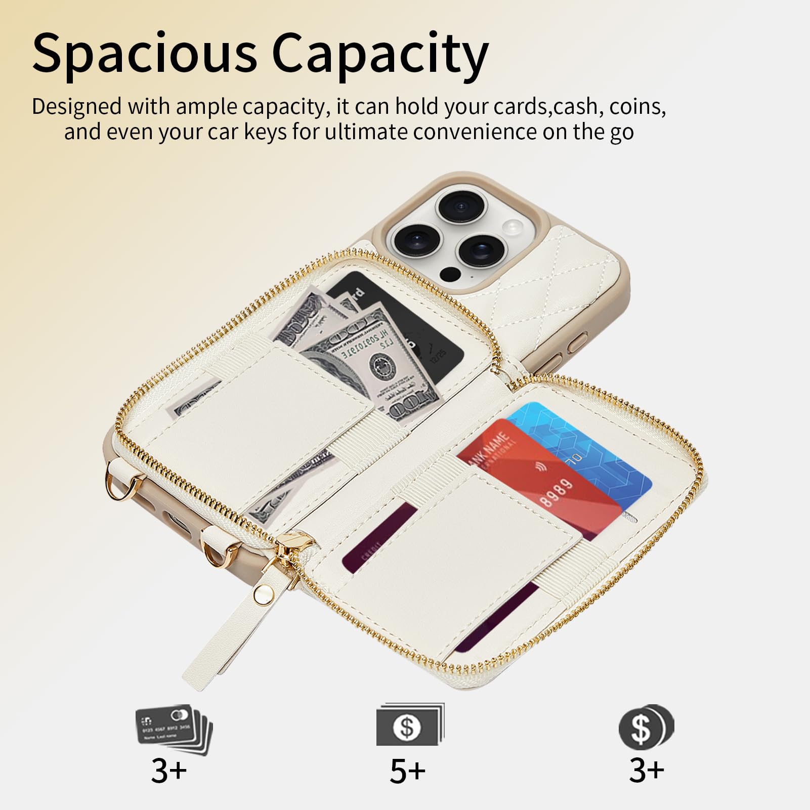 ZVE Compatible with iPhone 15 Pro Case Wallet for Women, PU Leather Shockproof Crossbody Phone Case with Card Holder for iPhone 15 Pro 6.1 Inch-Beige