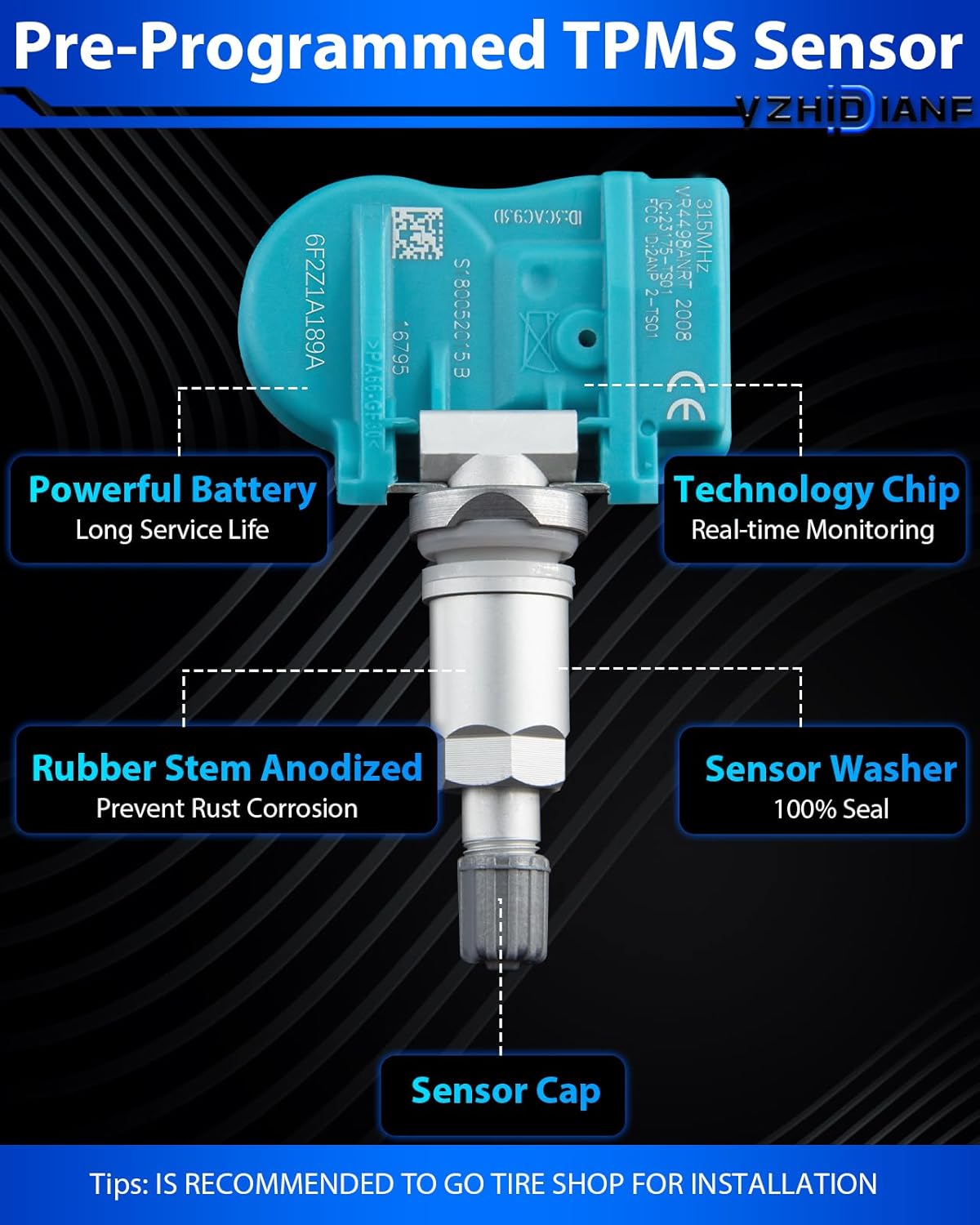 Pre-Programed Tire Pressure Sensor for:-Ford Explorer Ranger F150 Escape Freestar Fusion Crown Victoria Edge Taurus for:-Lincoln MKZ Navigator Mark LT, 315MHz TPMS 6F2Z-1A189-A (4)