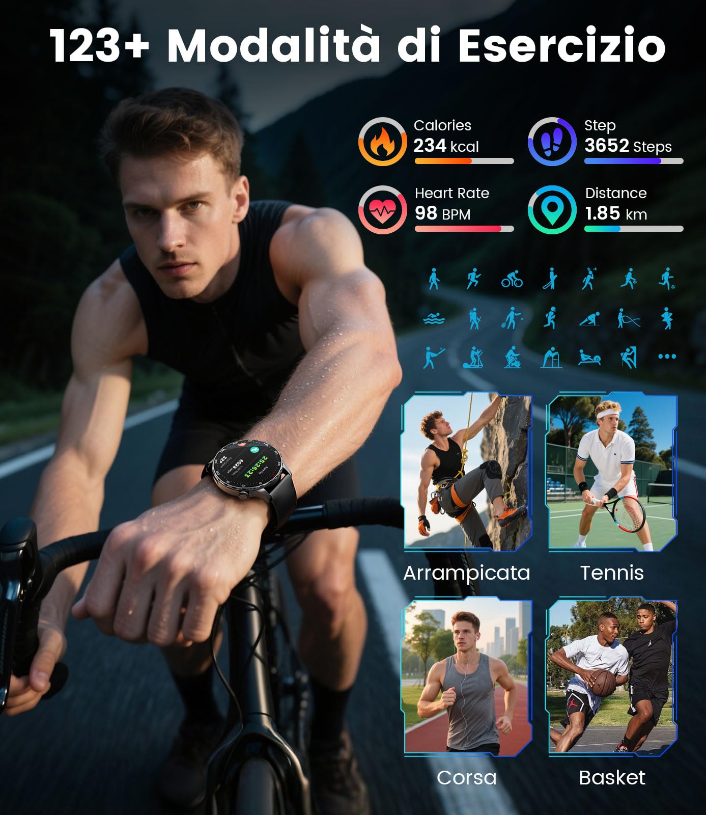 BENYAR SMART Smartwatch Uomo con Chiamata e Risposta, 1.43'' HD AMOLED Orologio Smartwatch Uomo, 750mAh Batteria, 100+ Modalità Sportive, Sonno Cardiofrequenzimetro Contapassi per Android iOS