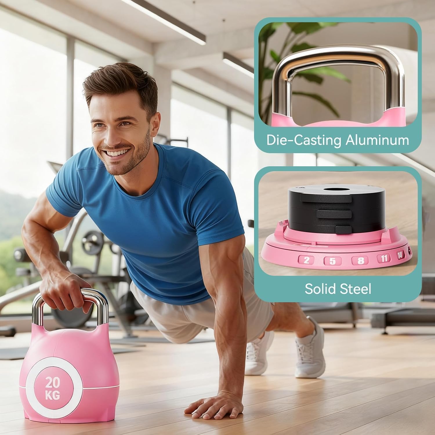 LIFERUN Kettlebell Pesa rusa ajustable con 7 niveles de peso, aluminio fundido a presión y material ABS, Compacta para Entrenamiento de Fuerza, Hogar y Gimnasio