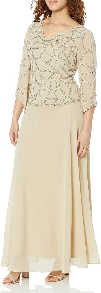 J Kara Womens Cowl Neck 3/4 Sleeve Geometrical Beading Mock Flair Dress