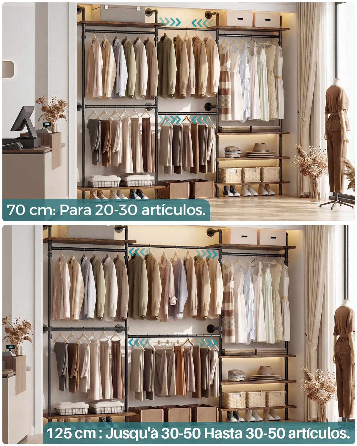 iSunirm Sistema de Armario Abierto – Barra Telescópica de Gran Capacidad, Armario de Acceso Facil, Flexible en Forma de L o Recta, Diseño de Tubo Industrial para Dormitorio y Vestidor