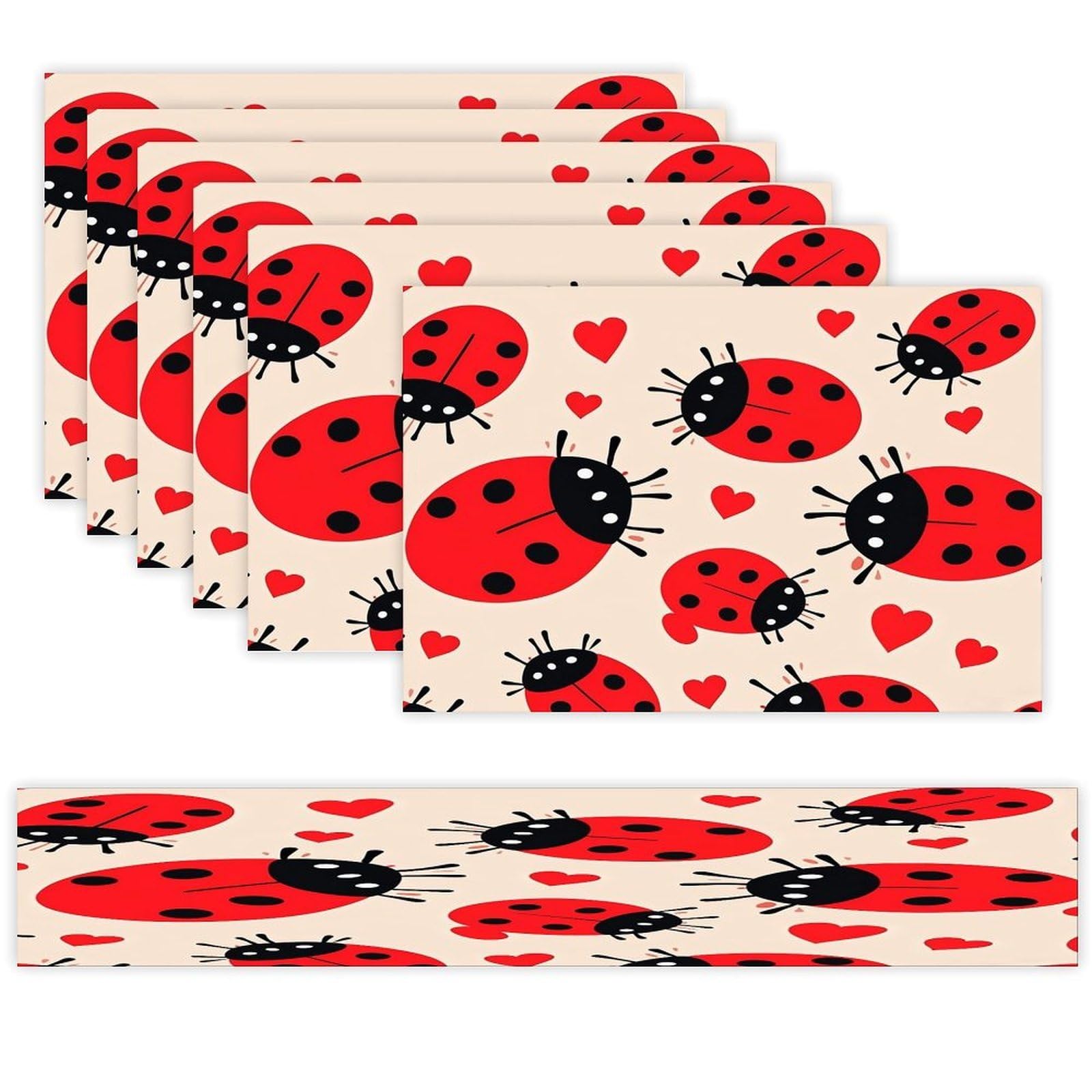 Ladybug Table Runner and Placemats Set of 6 Stain Resistant Heat Resistant Place Mats for Kitchen Dining Table Mats Long Table Runner Modern Art Dining Decor for Daily Use