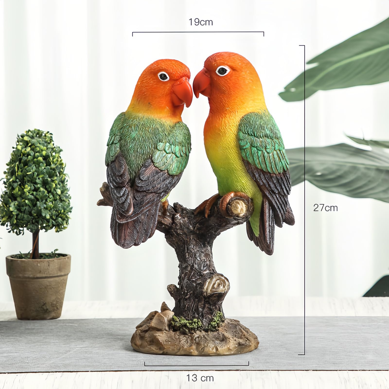 Estatua Pájaros Agapornis Resina Pareja Loros Decoración Hogar 27cm