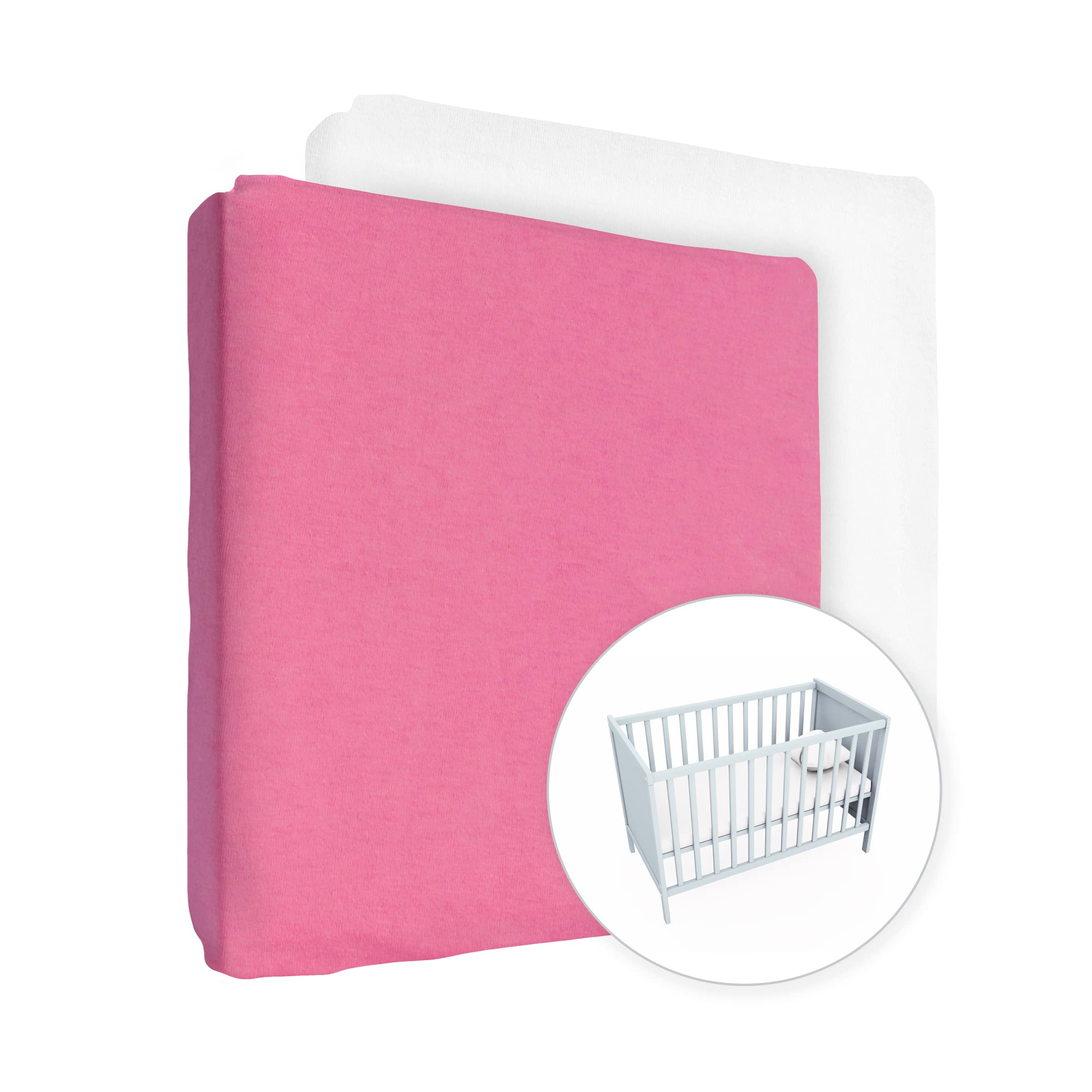 2X Jersey 100% Cotton Fitted Sheet for 140 x 70 cm Toddler Baby Cot Bed Mattress (Pink + White)