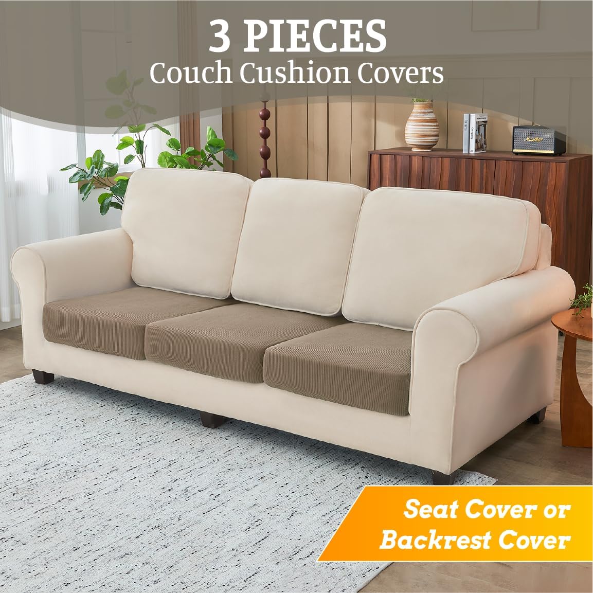 BT.WA Sectional Couch Covers for Sofa Cushion L Shaped Couch Cover Washable Soft Couch Cushion Covers Stretch Sofa Slipcovers(3-Piece for Sofa Seat or Backrest, Khaki) Khaki 3PC Seater or Backrest