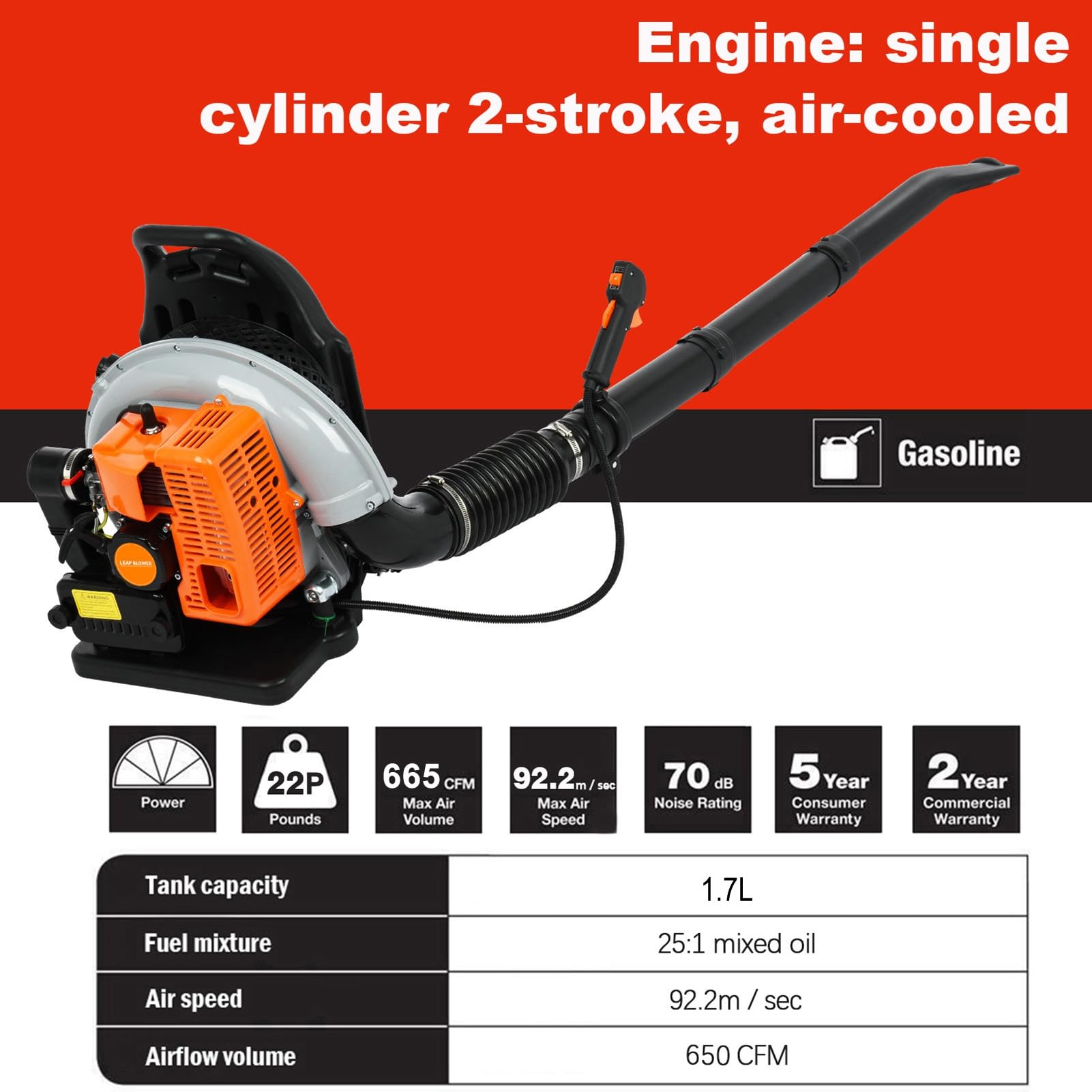 Soplador de hojas a gas de 665 CFM, soplador de alto volumen para exteriores con motor de 2.3 kW y 63 CC, conducto de aire ajustable y correas acolchadas, soplador de gasolina para limpieza