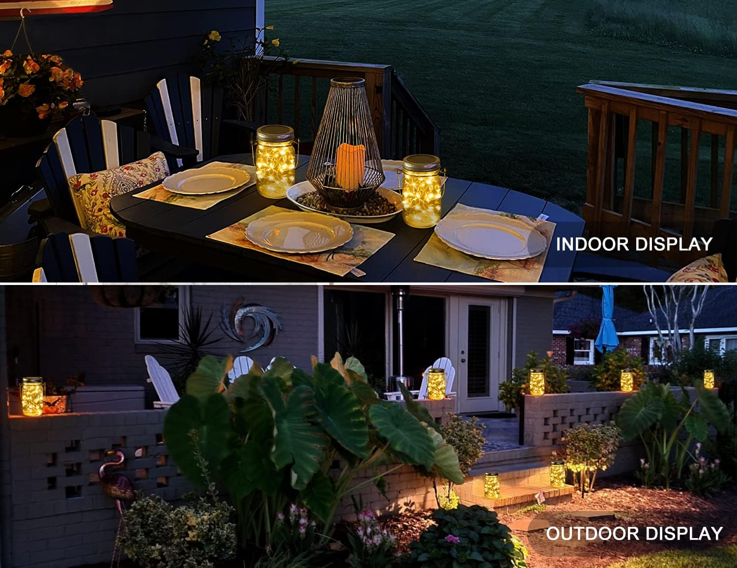 Split image showing solar mason jar lights used for indoor display on a patio table and outdoor display in a garden path.
