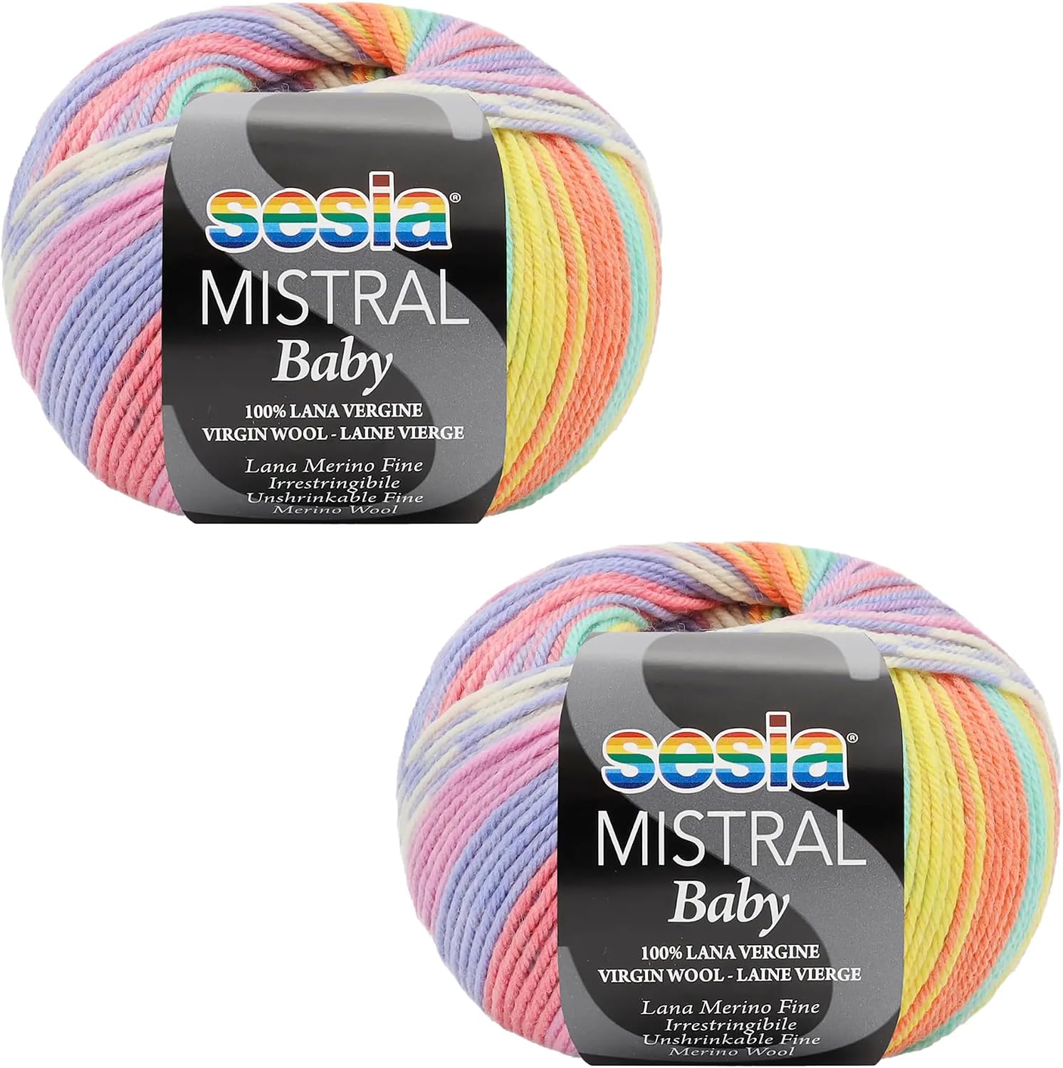 2 Skeins, 100% Fine Merino Wool Unshrinkable, 382 Yds/3.50 oz., Needles US 2.5-4, Multicolor Yarn for Knitting and Crocheting Sesia Mistral Baby (2, Multicolor - 487)