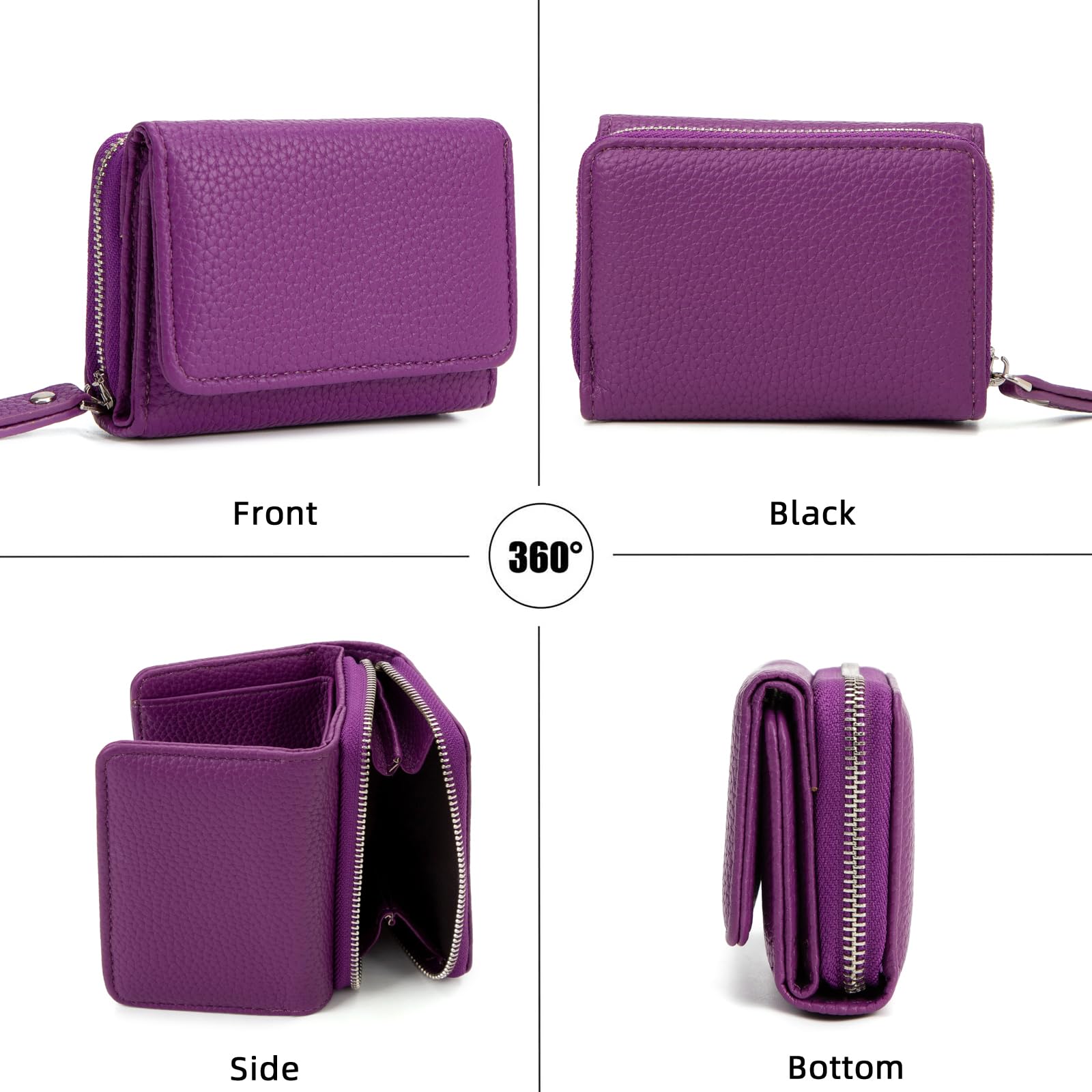 CHAOFANXI Portafoglio Donna Piccolo in Pelle da Donna, Portamonete Piccoli Trifold Piccola Corto Portamonete con 6 Scomparti per Carte con 1 Sezione di Fattura e 1 Tasca con Cerniera,Viola