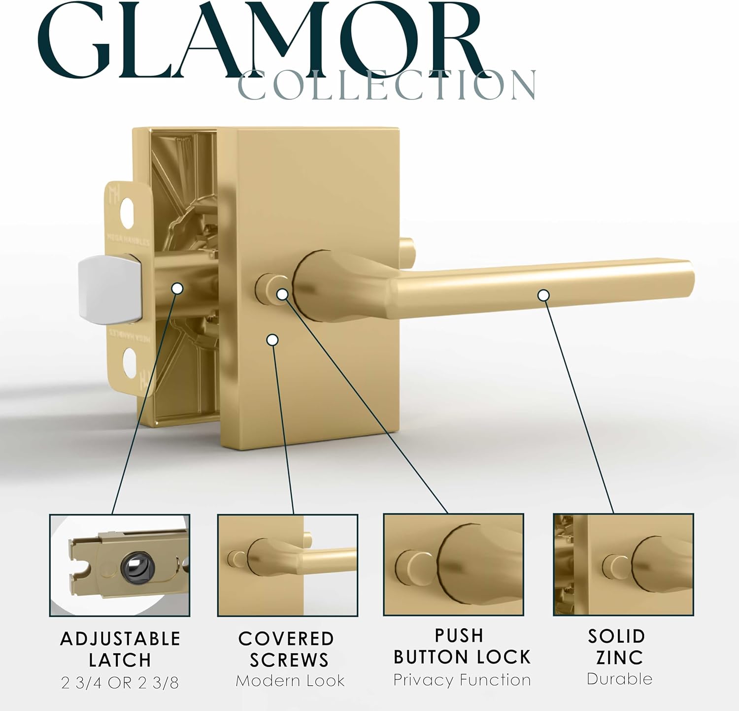 Mega Handles Glamor Privacy, Lever & Lock Door Handle Set for Hallway, Closet and Bathroom, Keyless Lock, Heavy Duty Door Levers, Fits All Standard Door Sizes, Screws Included - Satin Brass (1 Pack)
