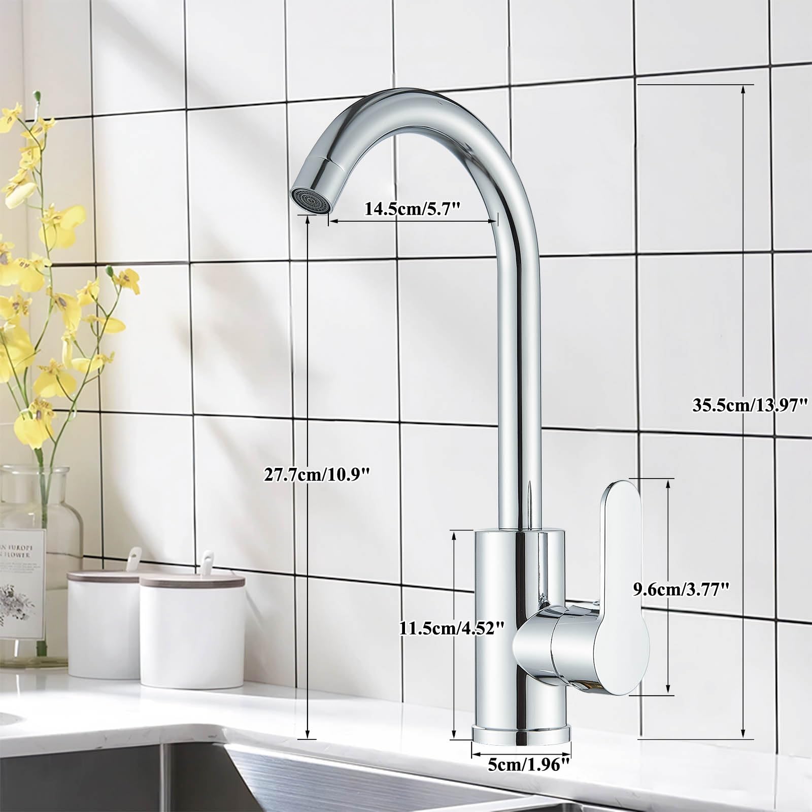 Wasserhahn Küche Küchenarmatur mit Einhebelmische 360° Drehung Hochdruck Spültischarmatur Mischbatterie Küche Edelstahl Küchenarmatur mit Hoher Auslauf, Chrom