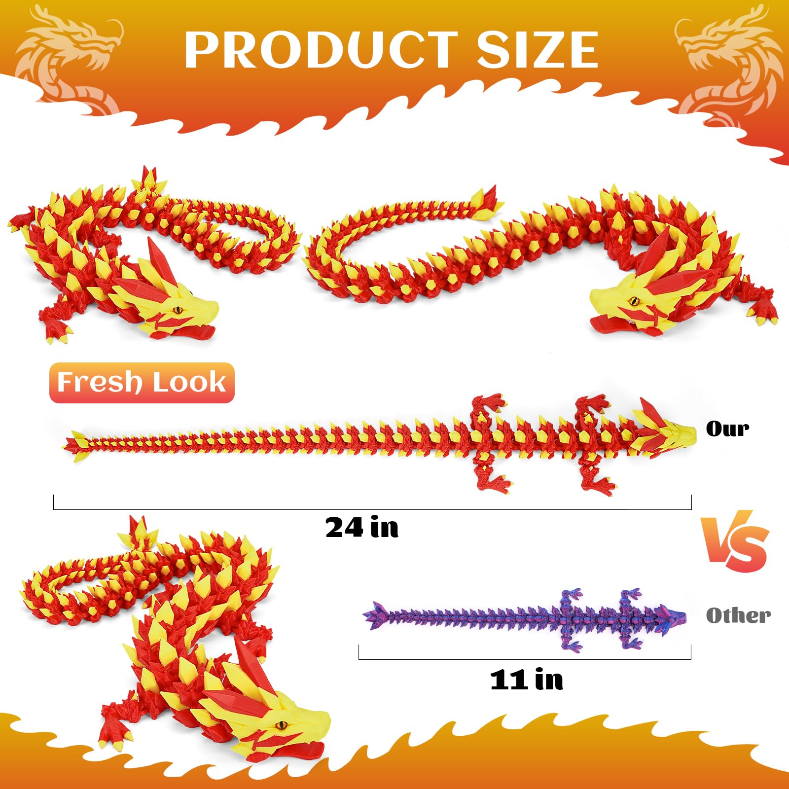 3D Printed Dragon Toys with Eyes, 24 inches Dazzling Gradient Crystal Wyrm, Bendable and Flexible Big Fidget - Image 3