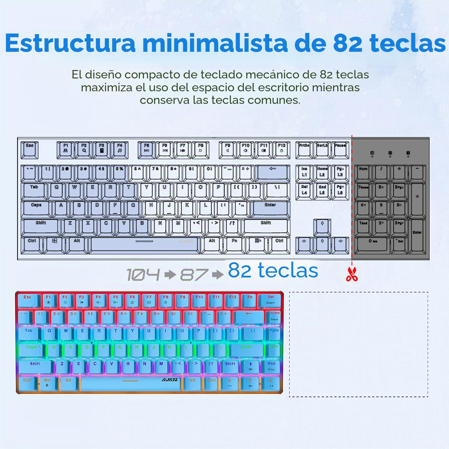 AK33 Teclado Mecánico con Cable con Retroiluminación Arcoíris-Azul | Interruptores Azules, USB-C, Diseño Compacto TKL De 82 Teclas, Función Anti-ghosting, Para Jugadores Y Mecanógrafos