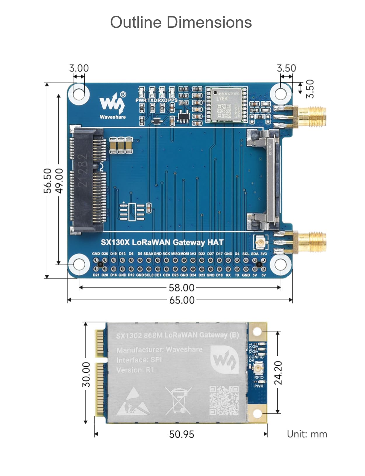 SX1303 Modulo gateway LoRaWAN 915M compatibile con Raspberry Pi Presa mini-PCIe standard Trasmissione a lungo raggio Supporto multibanda NON incluso HAT