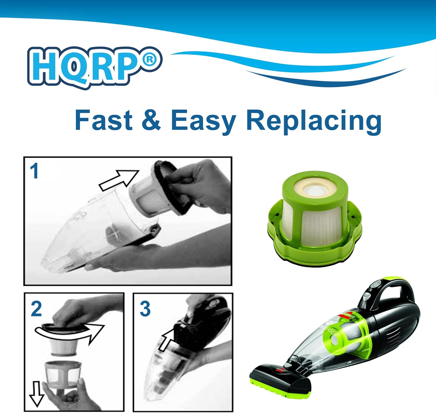 HQRP 4-Pack Filter Set Compatible with Bissell 1782 17823 Pet Hair Eraser Cordless Hand Vac Car Vacuum, Parts # 1608653 & 1608654 Replacement