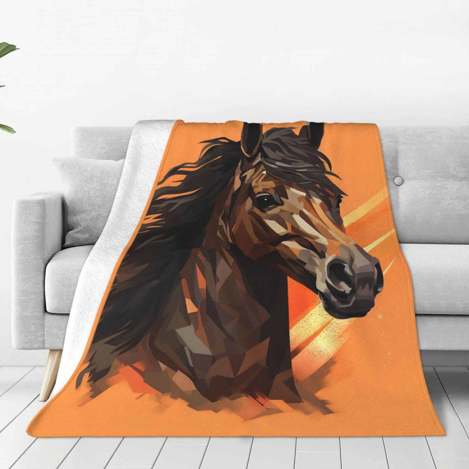 Couverture polaire orange anti-froid plaid peluche tête de cheval pour canapé et chambre