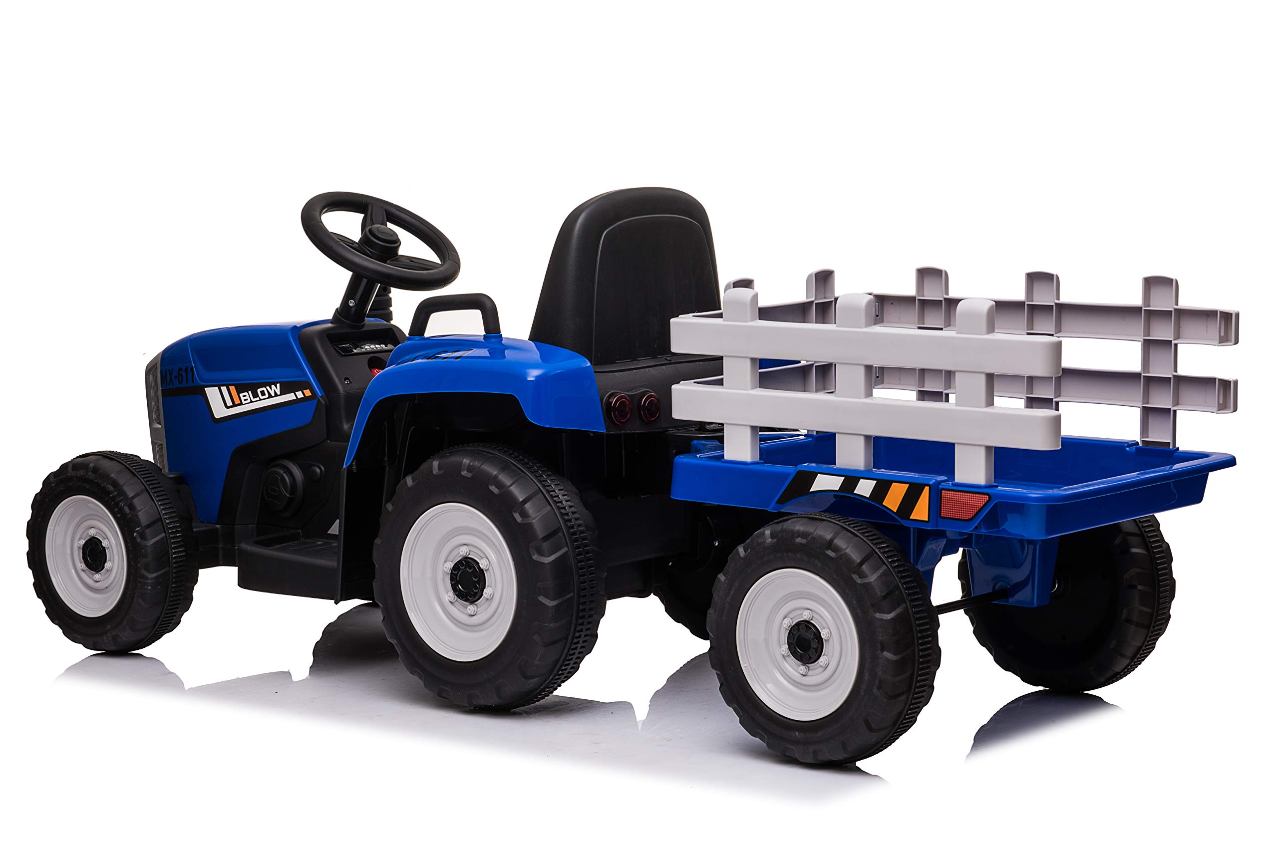 FINOOS Trattore elettrico per bambini 12V con pala e rimorchio rimovibile veicolo elettrico per bambini con luce LED musica clacson telecomando 2.4G 2-5 km/h, blu