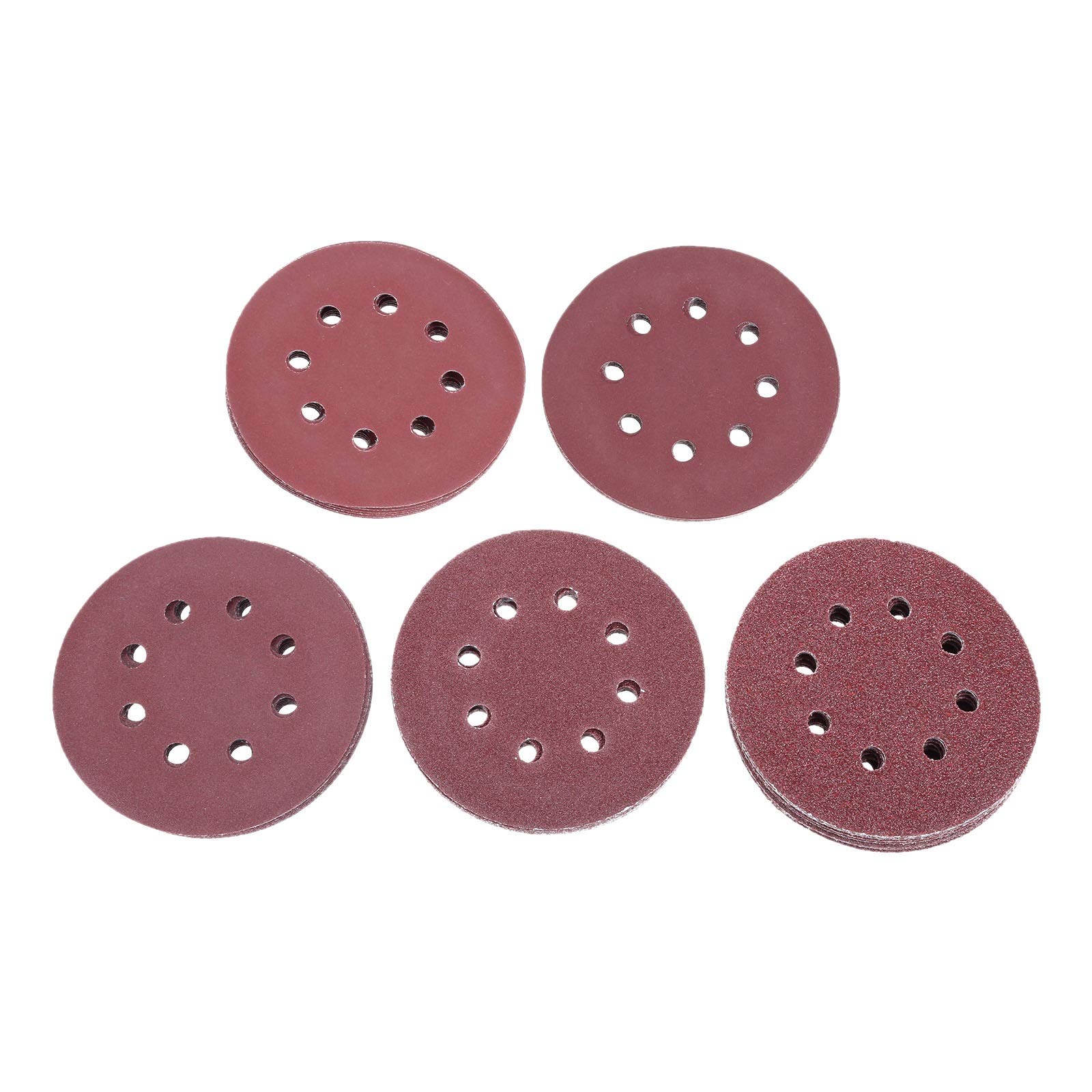 Papel de lija de lijadora 50pcs 5 pulgadas 125mm Ronda Discos de lijado pulido Hoja de papel de lija 8 Agujero de molienda for pulir 40-600 herramienta abrasiva Grit