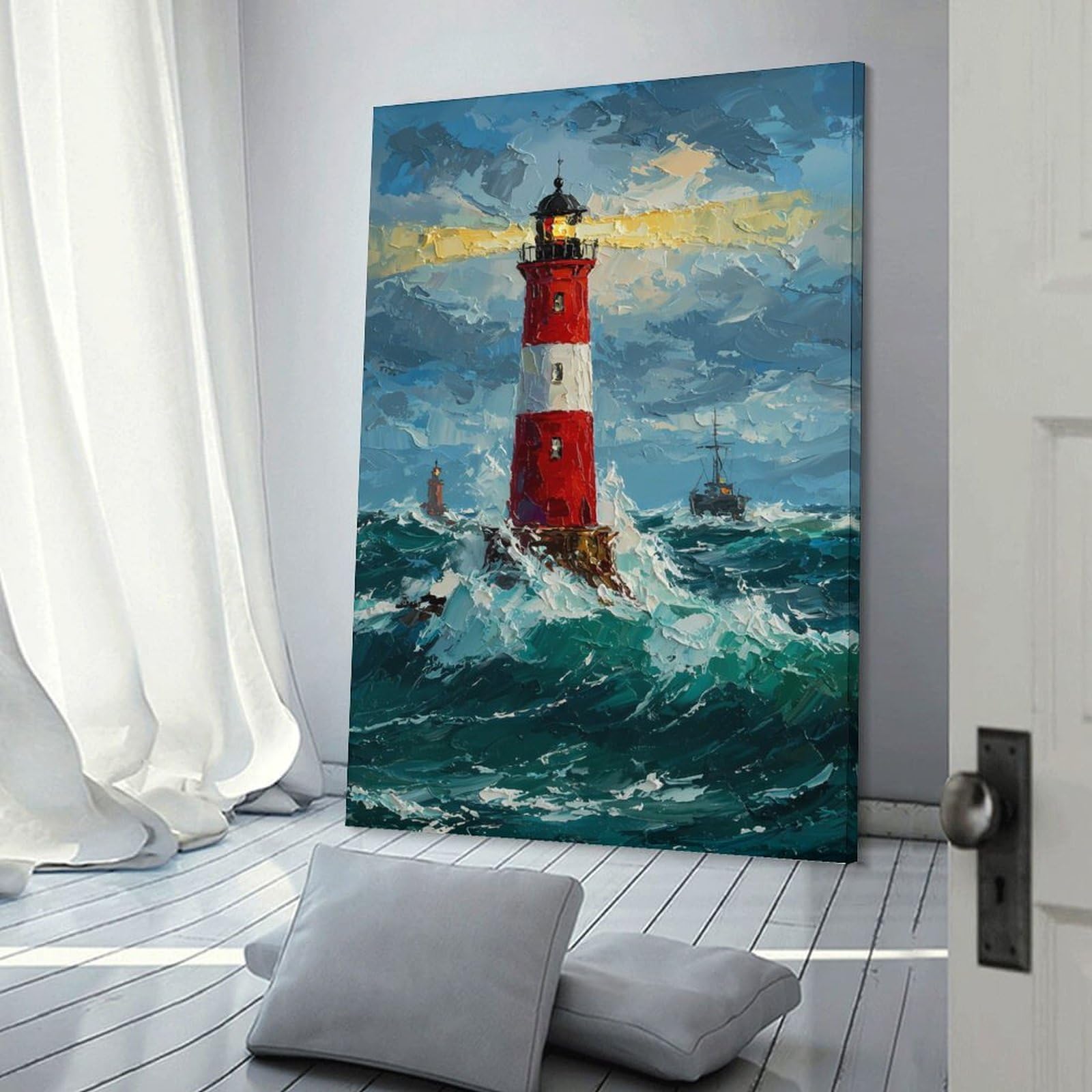 Junmoney Wall Picture Print Lighthouse Painting Ocean Scene, 12x18inch(30x45cm), for Living Room, Lounge Or Sitting Room, Modern Wall Decor for Cosy Interiors