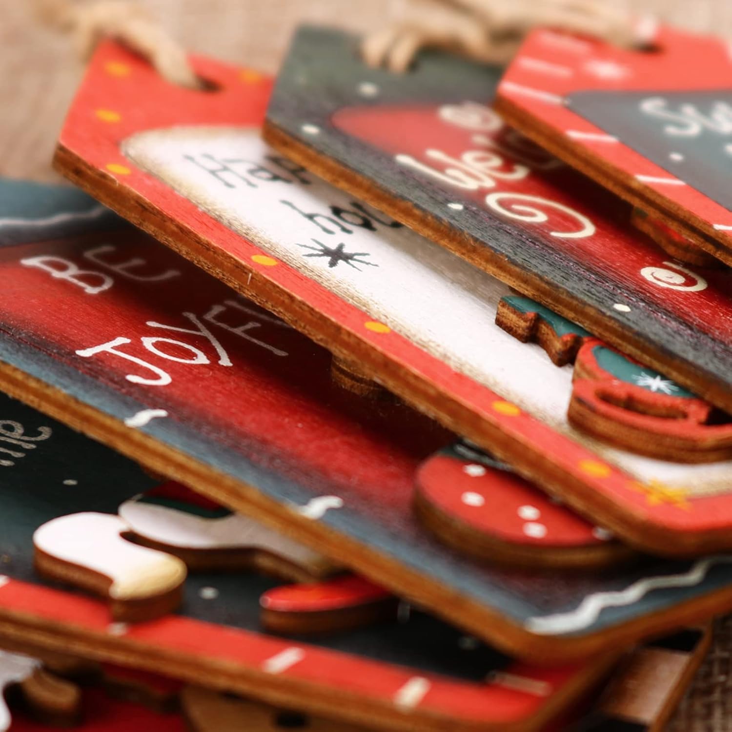 Partybus Christmas Tree Ornaments 12 Pack, Handmade Wood Slices with Burlap Hanging String for Outdoor Holiday Home Decorations, Bulk Country Rustic Unfinished Wooden Gift Name Tags Set : Home & Kitchen