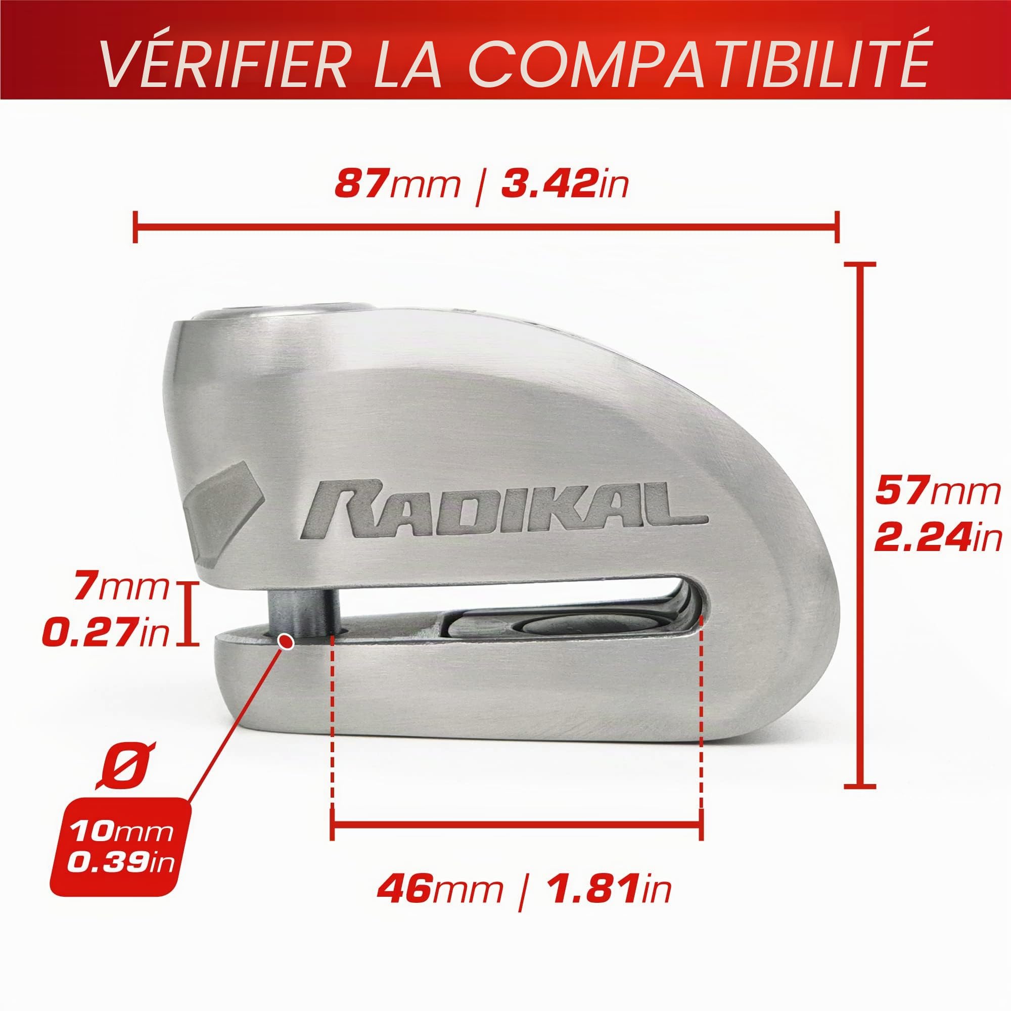 RADIKAL RK910S Antivol Moto Homologué SRA, Bloque Disque Alarme Premium X2-ON, Serrure Haute Sécurité Anti-Perçage Anti-Crochetage, Double Verrouillage 10mm, Bloc Acier Inox Anti Vol pour Moto Scooter