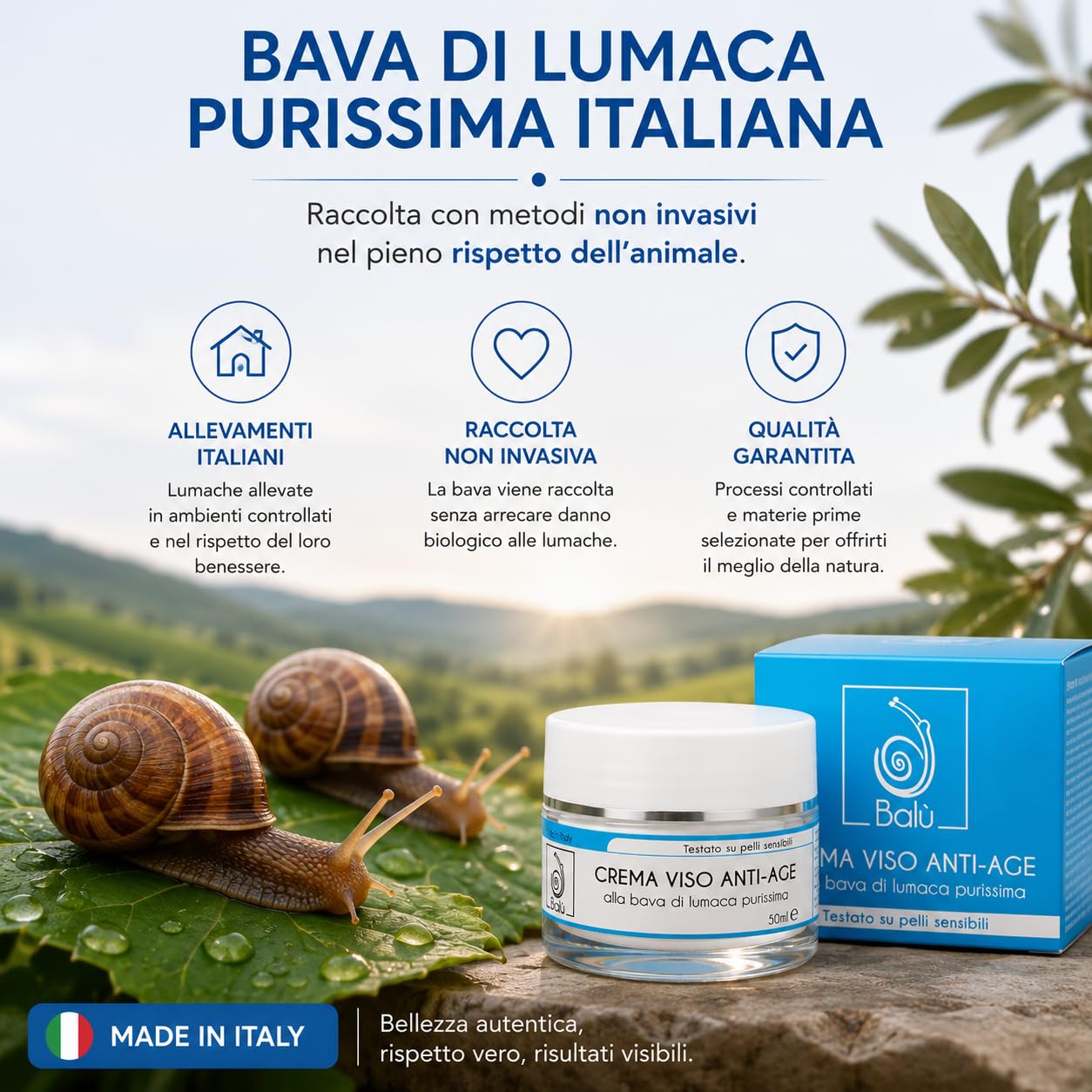 BALÙ Crema Viso Anti-Age alla Bava di Lumaca Purissima – Nutriente e Idratante per Pelle Secca e Matura, con Sodio Ialuronato, Avocado e Karité – Made in Italy, 50 ml