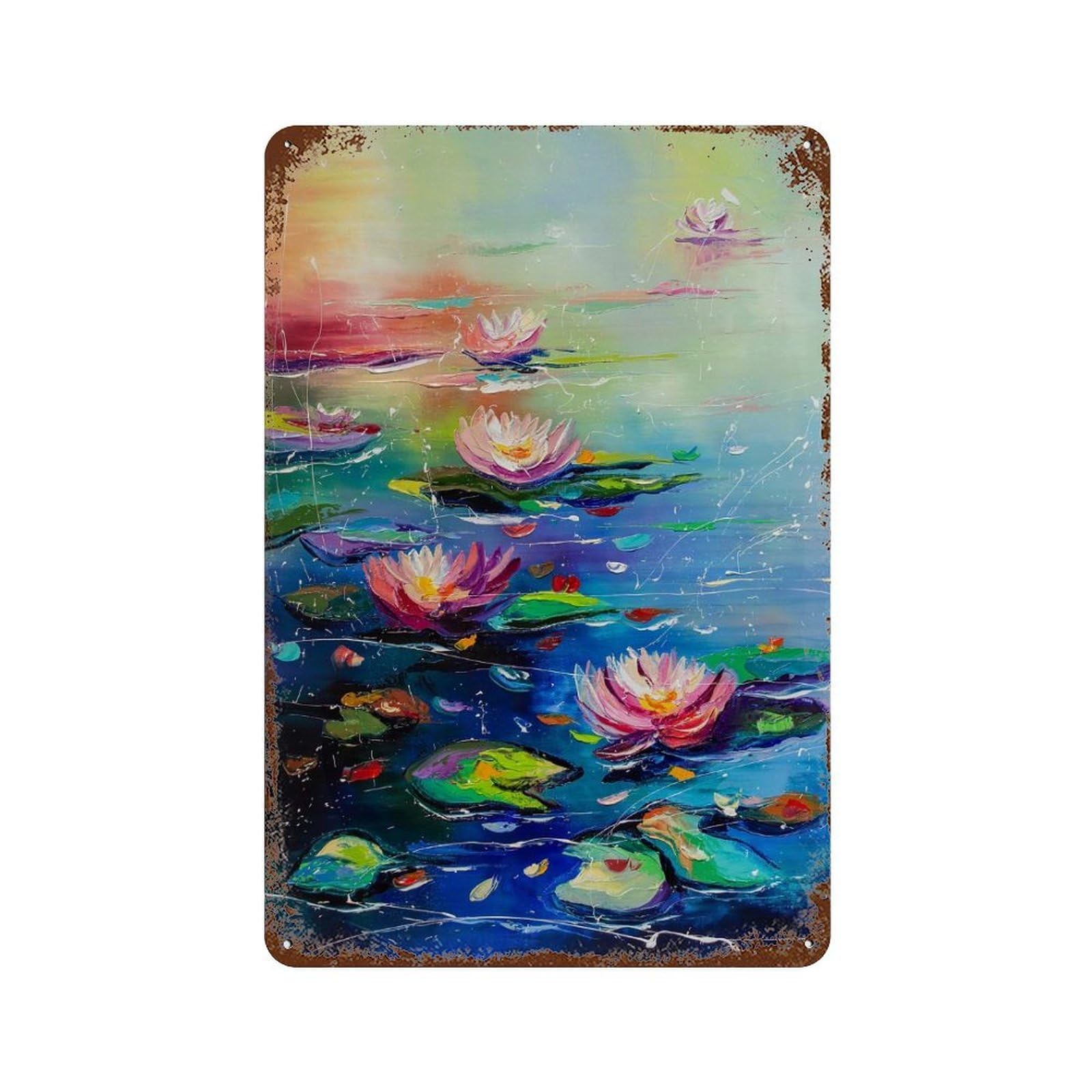 Rusty Metal Tin Sign with Beautiful Pond Design 11.8"x7.9", for Farmhouse, Kitchen And Entryway Decor, Classic Wall Plaque