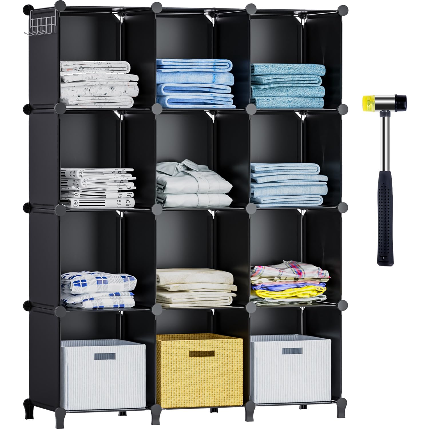 Neprock Cube Shelves, 12 Cubby Storage Organizer,DIY Closet Organizers and Storage Shelves for Bedroom,Stackable Closet Shelves for Clothing Storage,Book Shelf Toy Organizers and Storage, Black