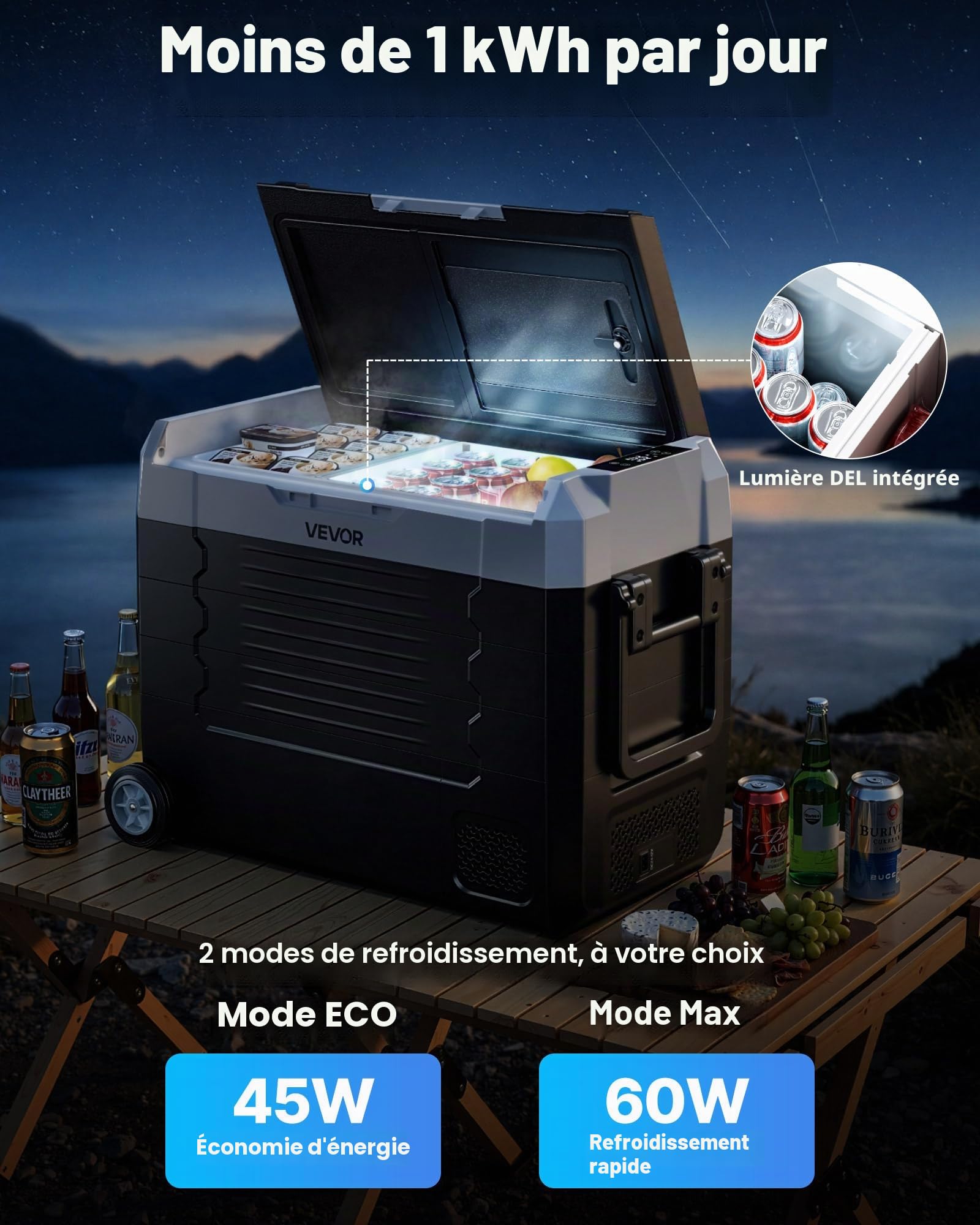 VEVOR Réfrigérateur Portable à Compression 45 L, Glacière Électrique DC 12/24 V et AC 100-240 V, pour Camping Pêche Caravane, Mini Frigo Voiture à Double Zone, -20 à 20 °C, Contrôle via Application