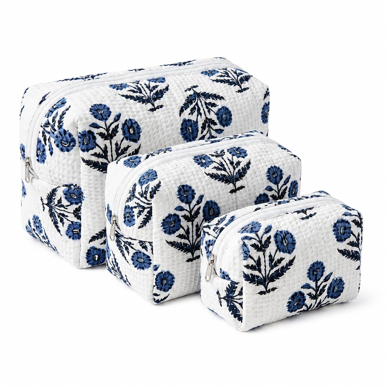 Set of 3 Multipurpose Bags I Cosmetic/Make-up/Toiletries/Shaving/Travel/Organiser Kit I Pure Cotton I Hand-Block Printed Pouches I Floral Pattern (White & Blue)-image-18