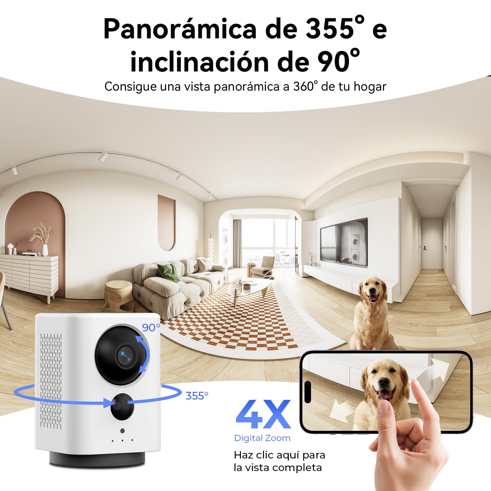 4G Camara Vigilancia Interior con Tarjeta Sim, 2K 360°PTZ Cámara de Vigilancia Inalambrica sin WiFi para Bebés, Mascotas, Ancianos, 7800mAh Batería, Detección de PIR, Audio Bidireccional