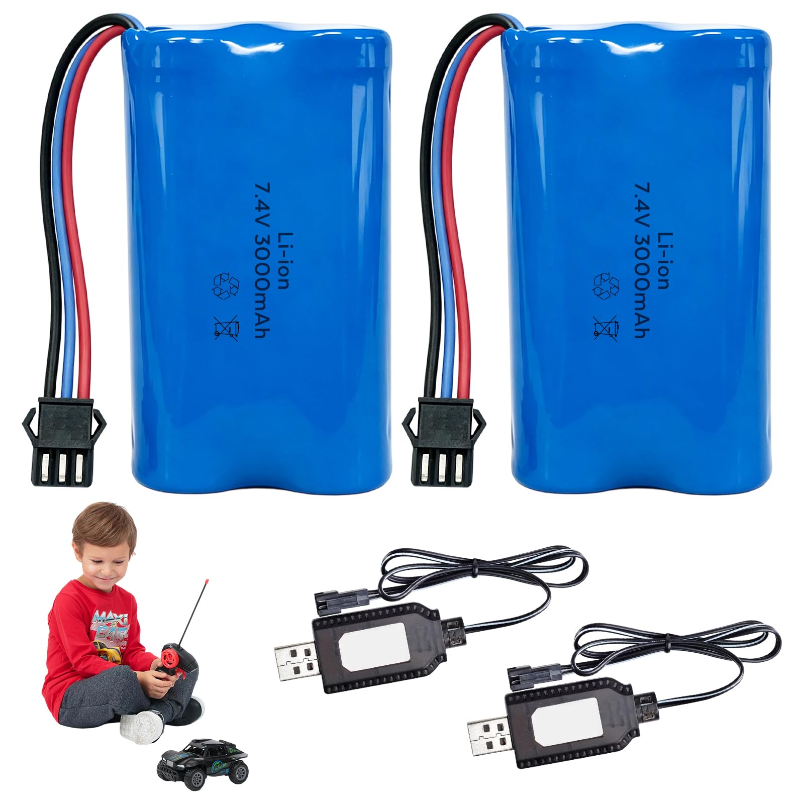 Batería de iones de litio de 7,4 V, batería de iones de litio recargable con enchufe SM-3P y cable de carga - Batería de iones de litio para vehículos controlados por radio, coches de acrobacia