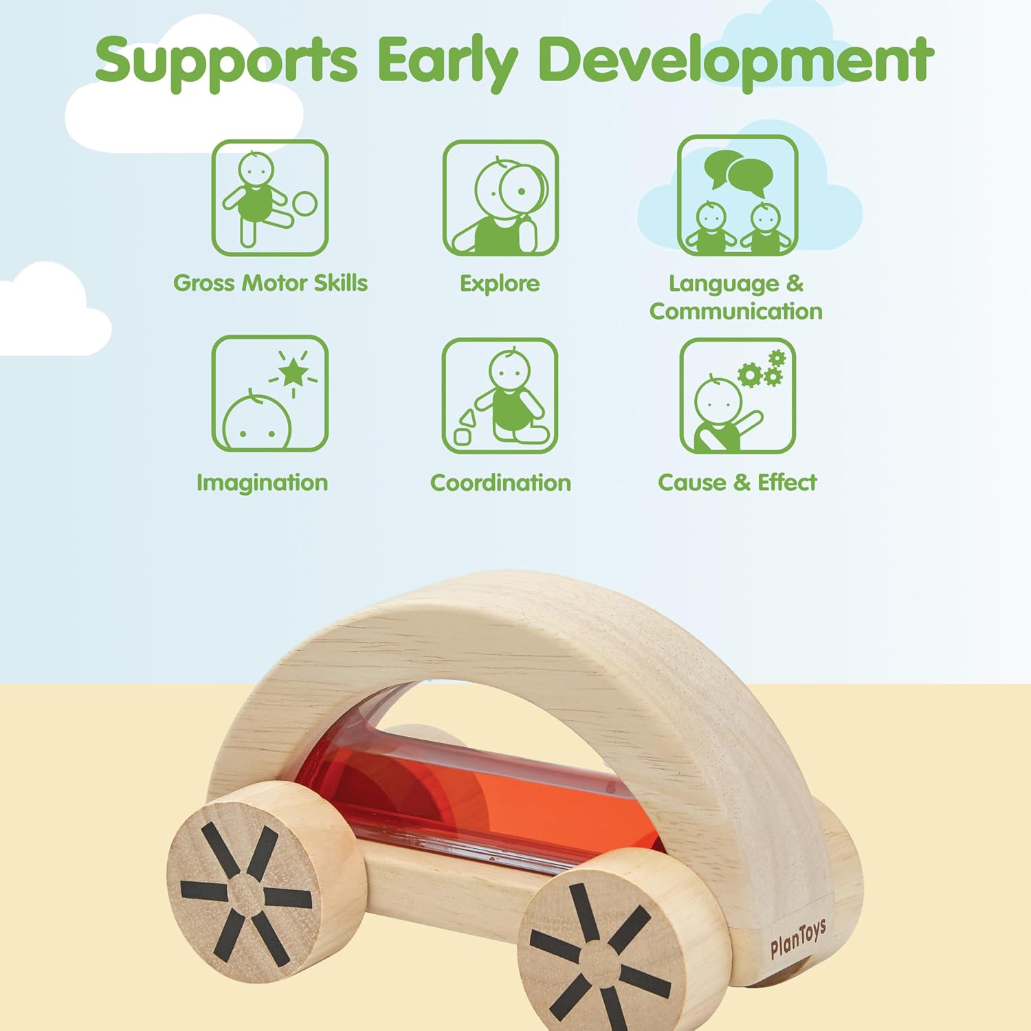 PlanToys® Wautomobile – Red | Montessori Wooden Toy Car for Toddlers | Water-Filled Sensory STEM Vehicle | Educational Cause-and-Effect Toy for Kids | Eco-Friendly, Safe & Durable