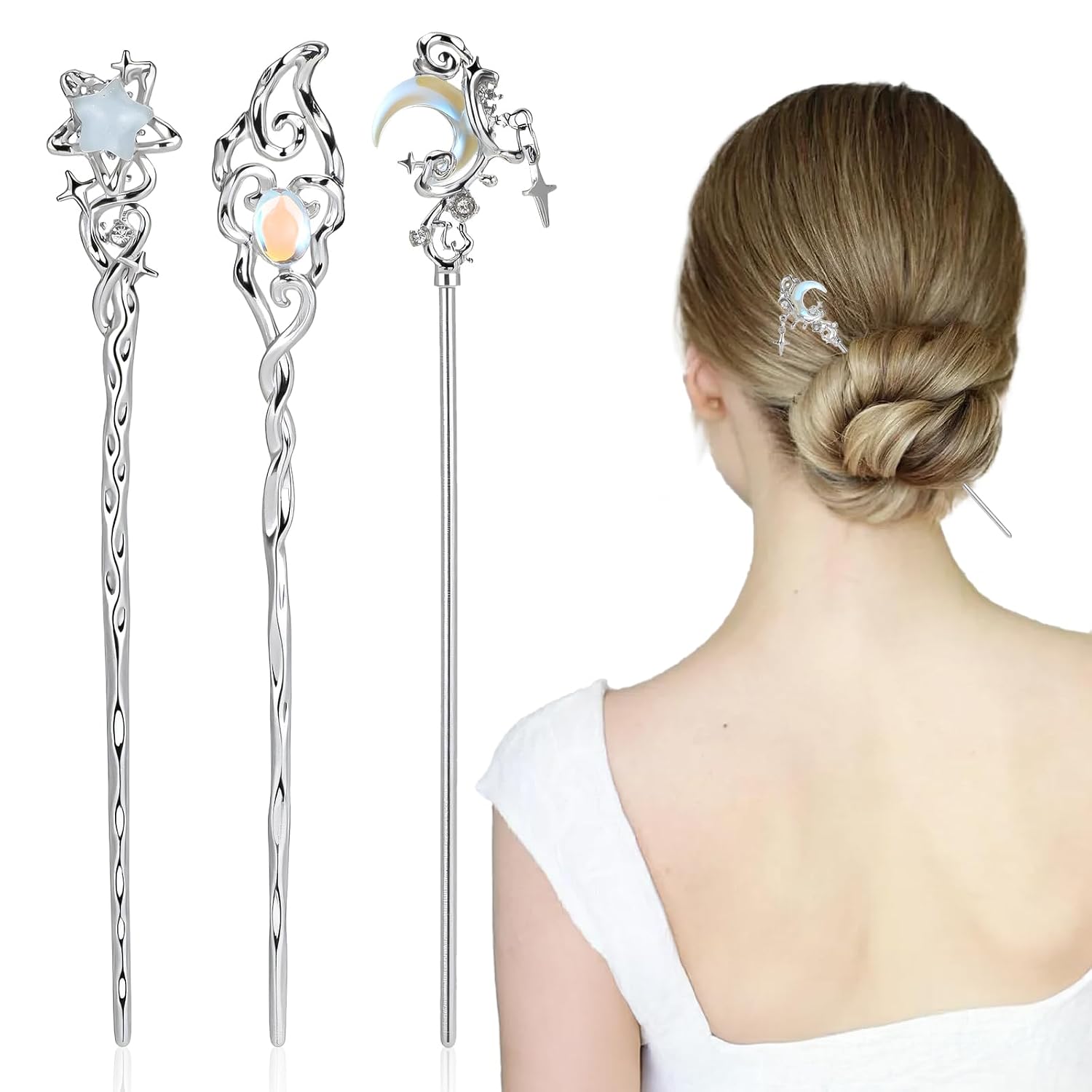 3Pcs Star Moon Stone Hair Chopsticks for Women,Metal Hair Sticks for Buns Chinese Long Hairpins Hanfu Accessories